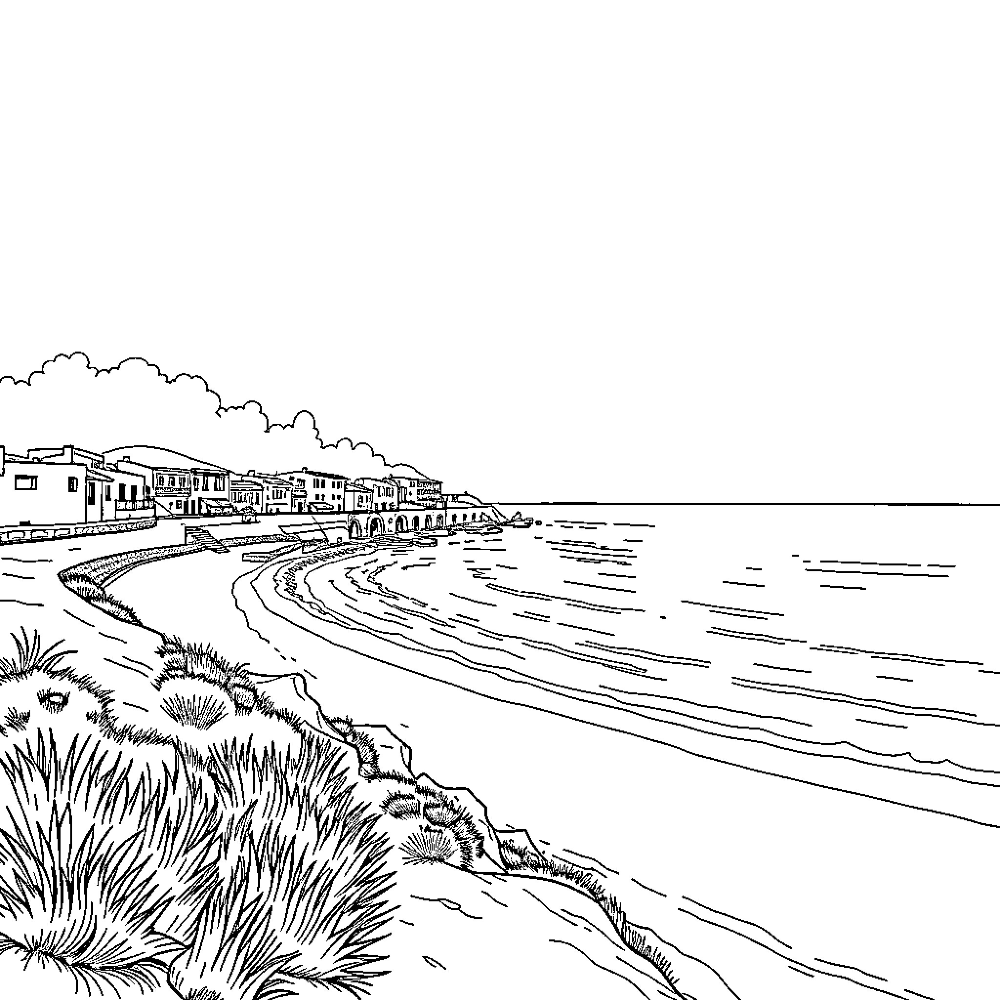 Beach scenery with coastal buildings and grassy cliffs Coloring Page (free black-and-white line drawing printable PDF for all, from beginners to advanced learners, including children, teens, adults, and seniors)