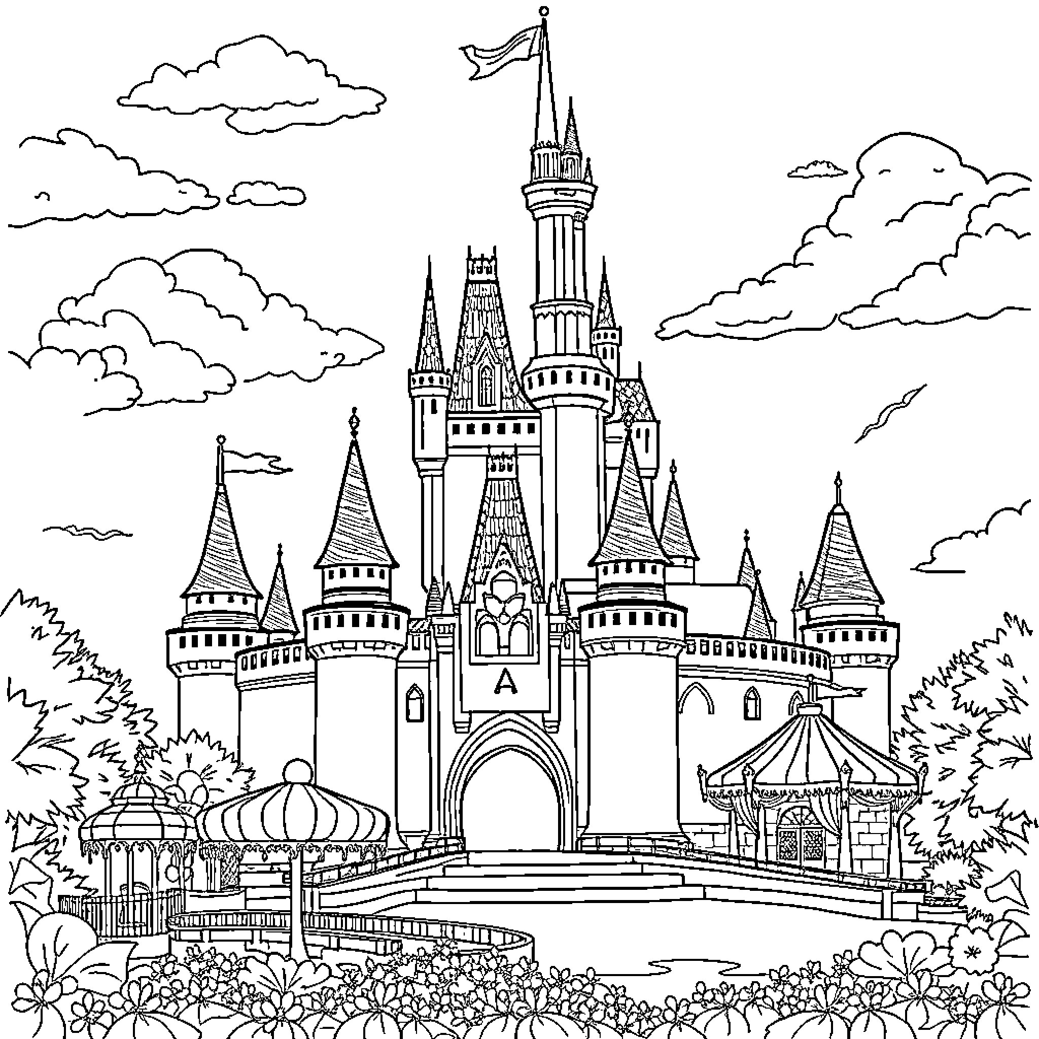 Disney World castle and fairytale landscape Coloring Page (free black-and-white line drawing printable PDF for all, from beginners to advanced learners, including children, teens, adults, and seniors)