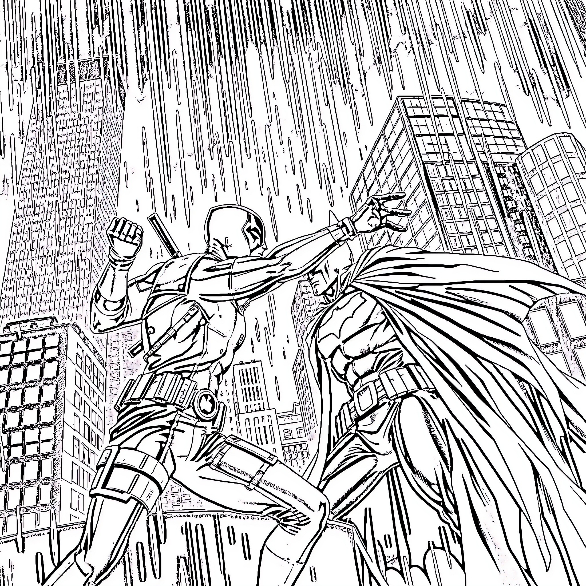 Deadpool in epic battle with caped vigilante Coloring Page (free black-and-white line drawing printable PDF for all, from beginners to advanced learners, including children, teens, adults, and seniors)