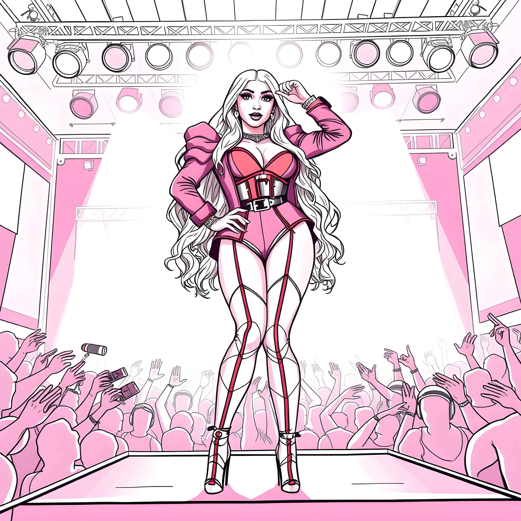 Nicki Minaj Performing on Stage with Lively Crowd Coloring Page (free black-and-white line drawing printable PDF for all, from beginners to advanced learners, including children, teens, adults, and seniors)