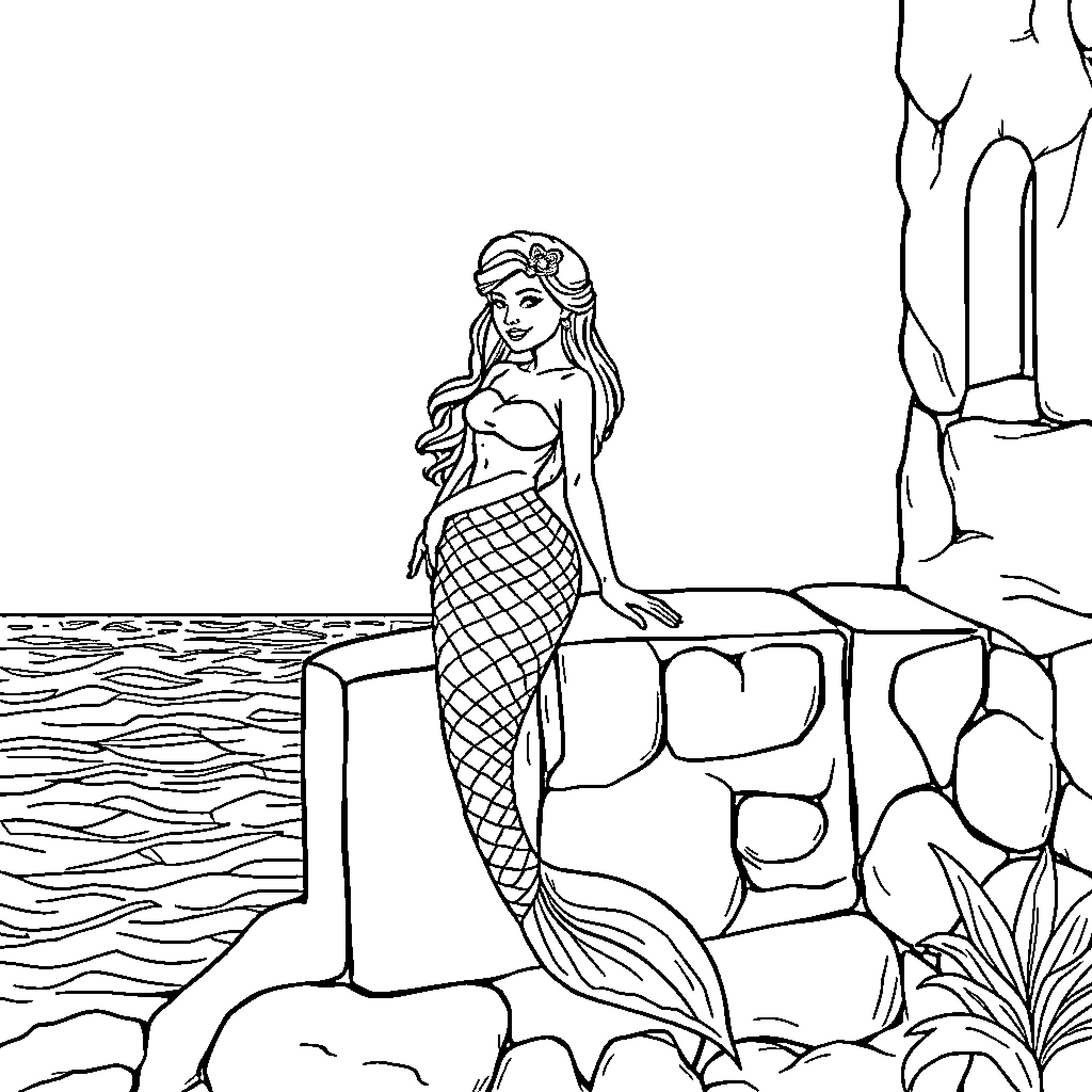 Sirenita posing gracefully near the rocks Coloring Page (free black-and-white line drawing printable PDF for all, from beginners to advanced learners, including children, teens, adults, and seniors)