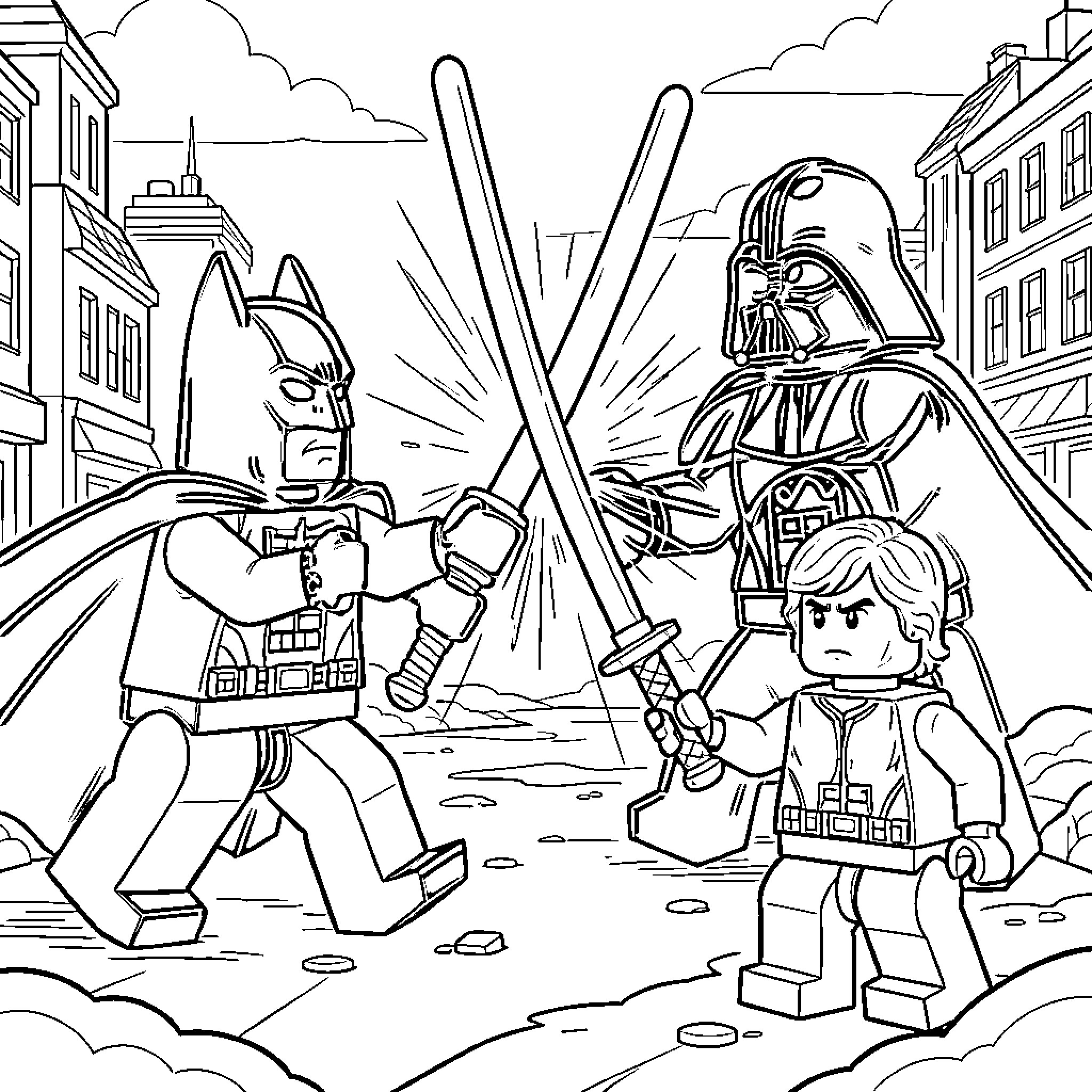 Lego Batman and Darth Vader in an epic showdown Coloring Page (free black-and-white line drawing printable PDF for all, from beginners to advanced learners, including children, teens, adults, and seniors)