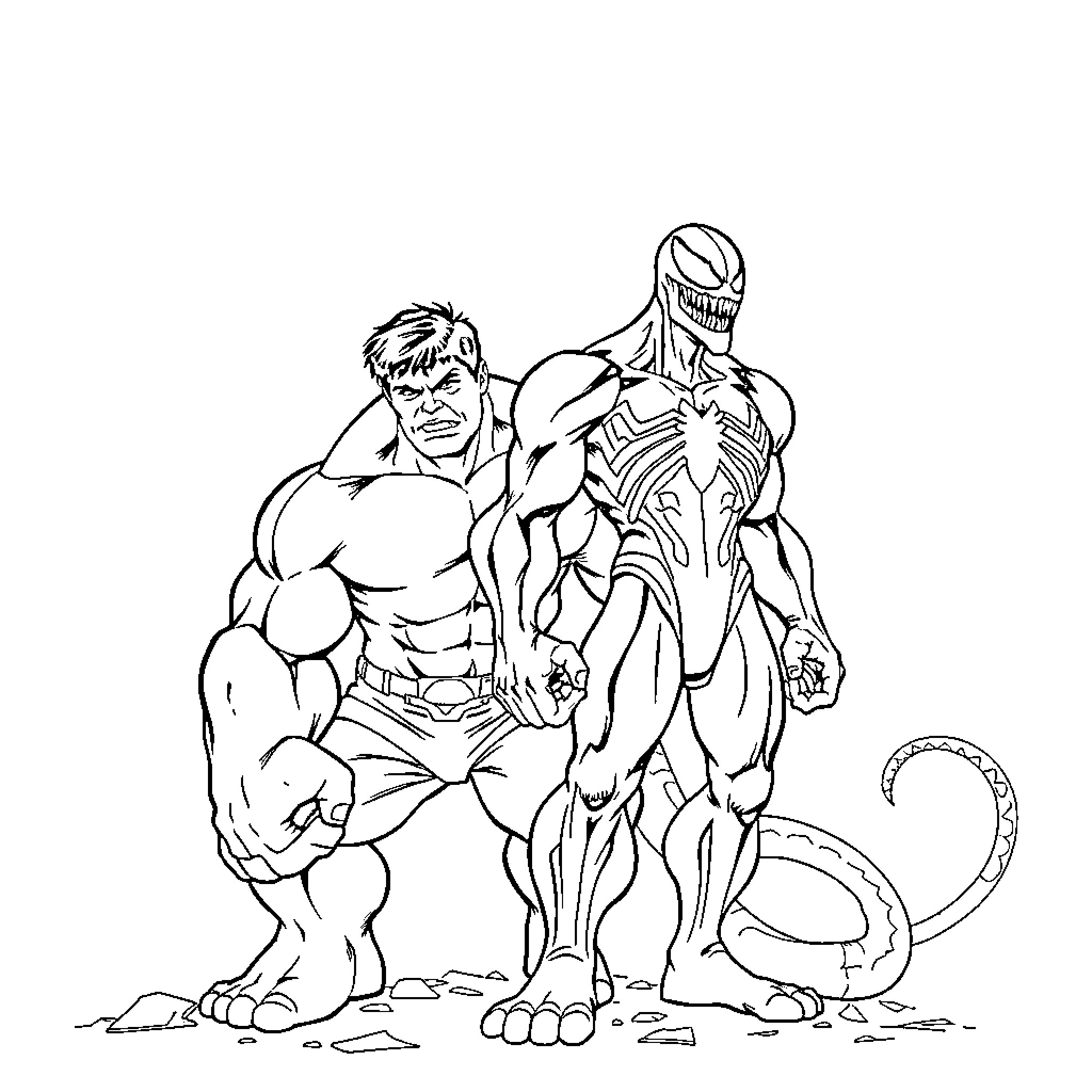 Hulk confronts a powerful villain in an epic standoff Coloring Page (free black-and-white line drawing printable PDF for all, from beginners to advanced learners, including children, teens, adults, and seniors)