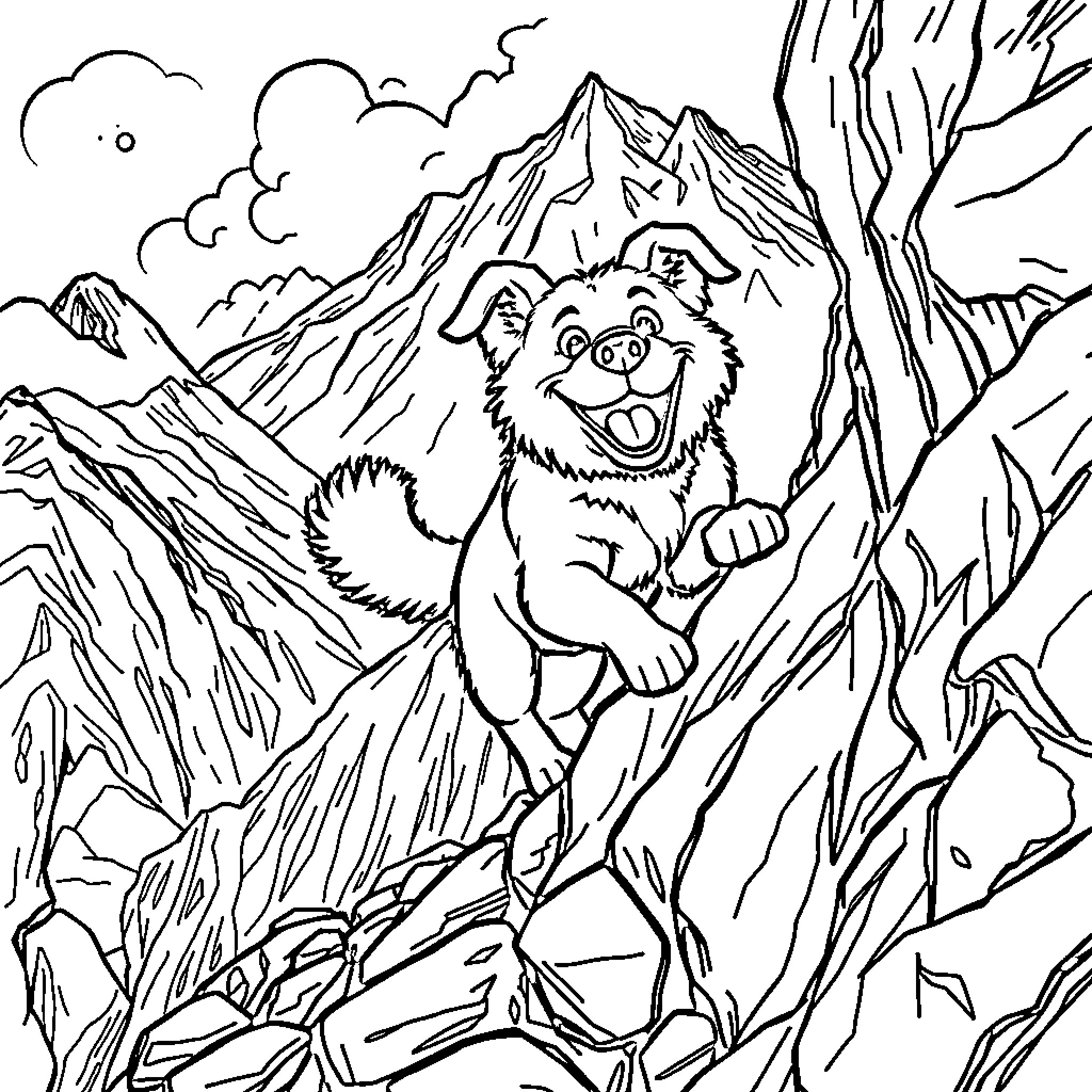 Dog exploring the mountainous landscape Coloring Page (free black-and-white line drawing printable PDF for all, from beginners to advanced learners, including children, teens, adults, and seniors)