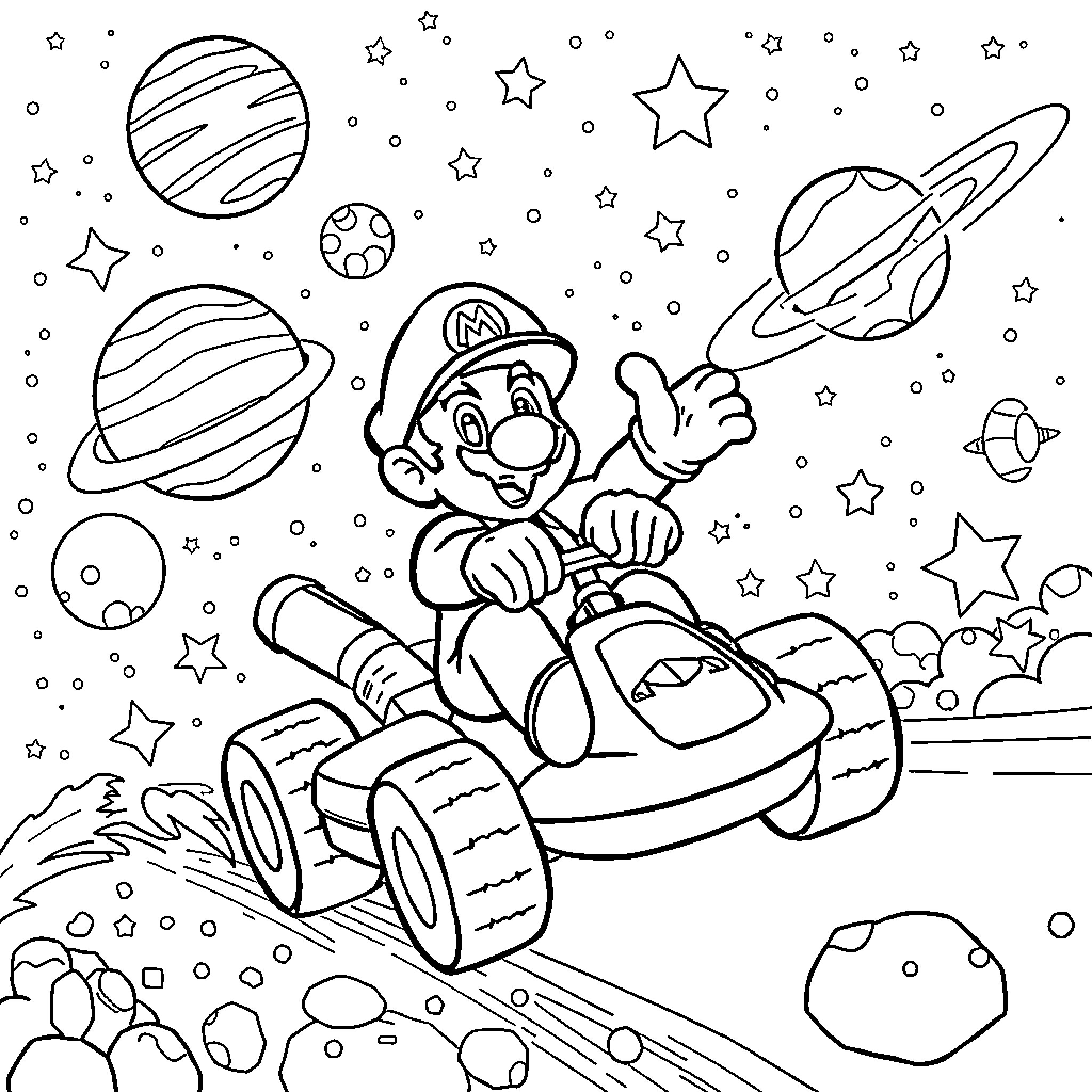 Super Mario exploring the cosmic space Coloring Page (free black-and-white line drawing printable PDF for all, from beginners to advanced learners, including children, teens, adults, and seniors)