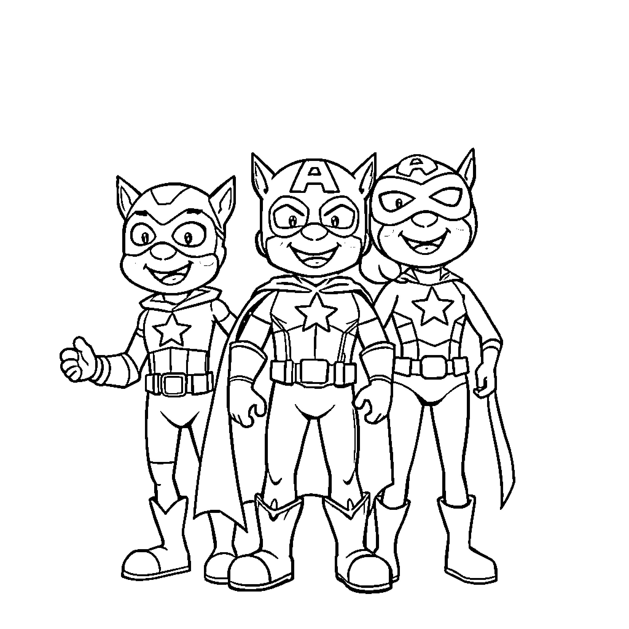 Bisounours superhero friends in costumes Coloring Page (free black-and-white line drawing printable PDF for all, from beginners to advanced learners, including children, teens, adults, and seniors)