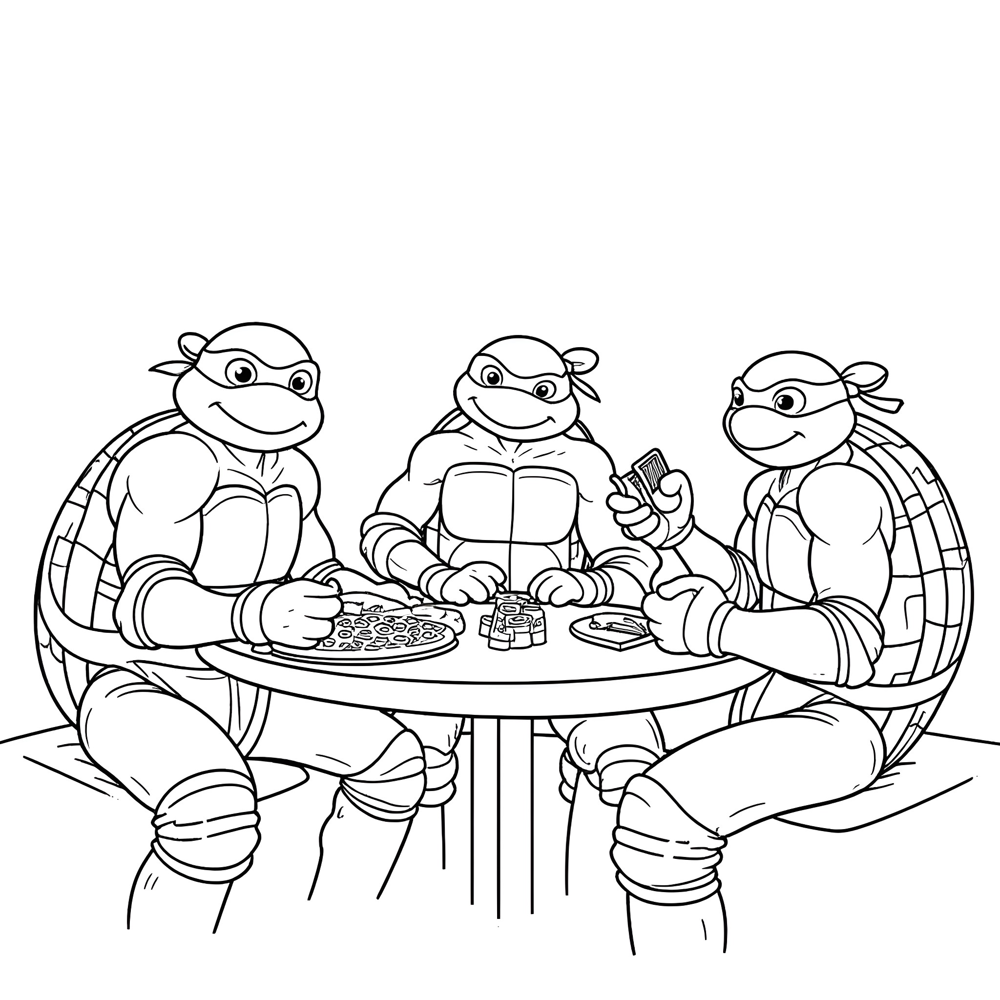 Teenage Mutant Ninja Turtles Eating Pizza Together Coloring Page (free black-and-white line drawing printable PDF for all, from beginners to advanced learners, including children, teens, adults, and seniors)