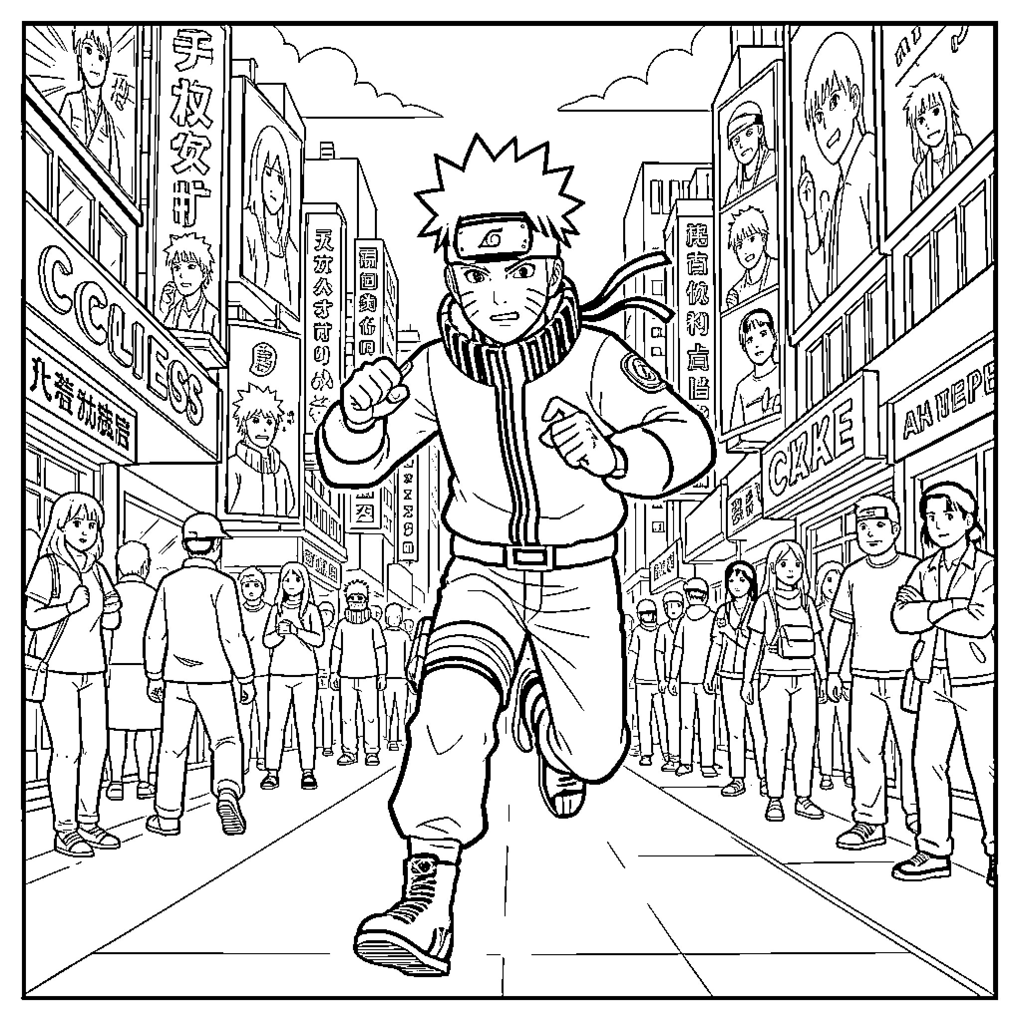 Naruto running through a busy city street Coloring Page (free black-and-white line drawing printable PDF for all, from beginners to advanced learners, including children, teens, adults, and seniors)