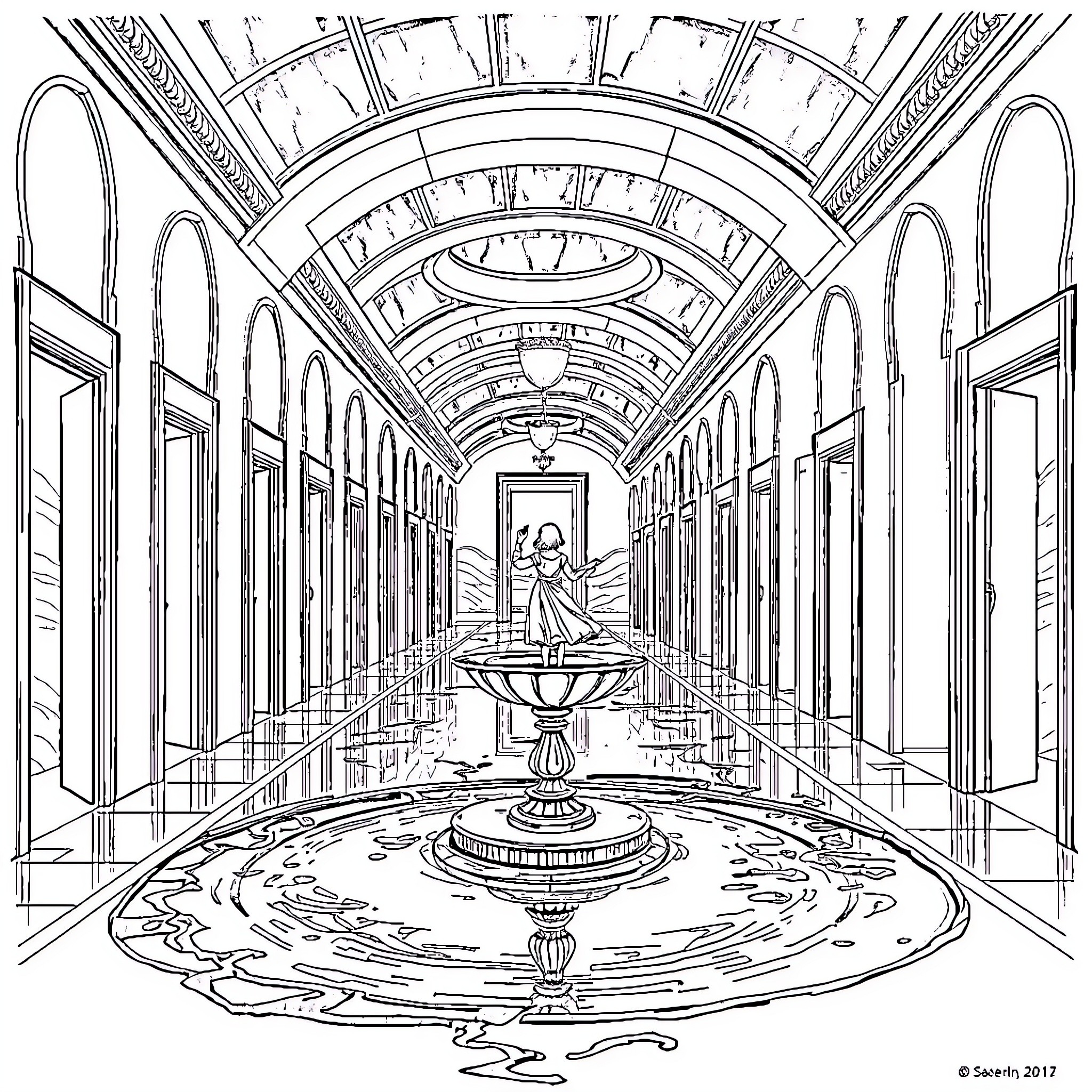 Hallway with ornate architecture and fountain Coloring Page (free black-and-white line drawing printable PDF for all, from beginners to advanced learners, including children, teens, adults, and seniors)