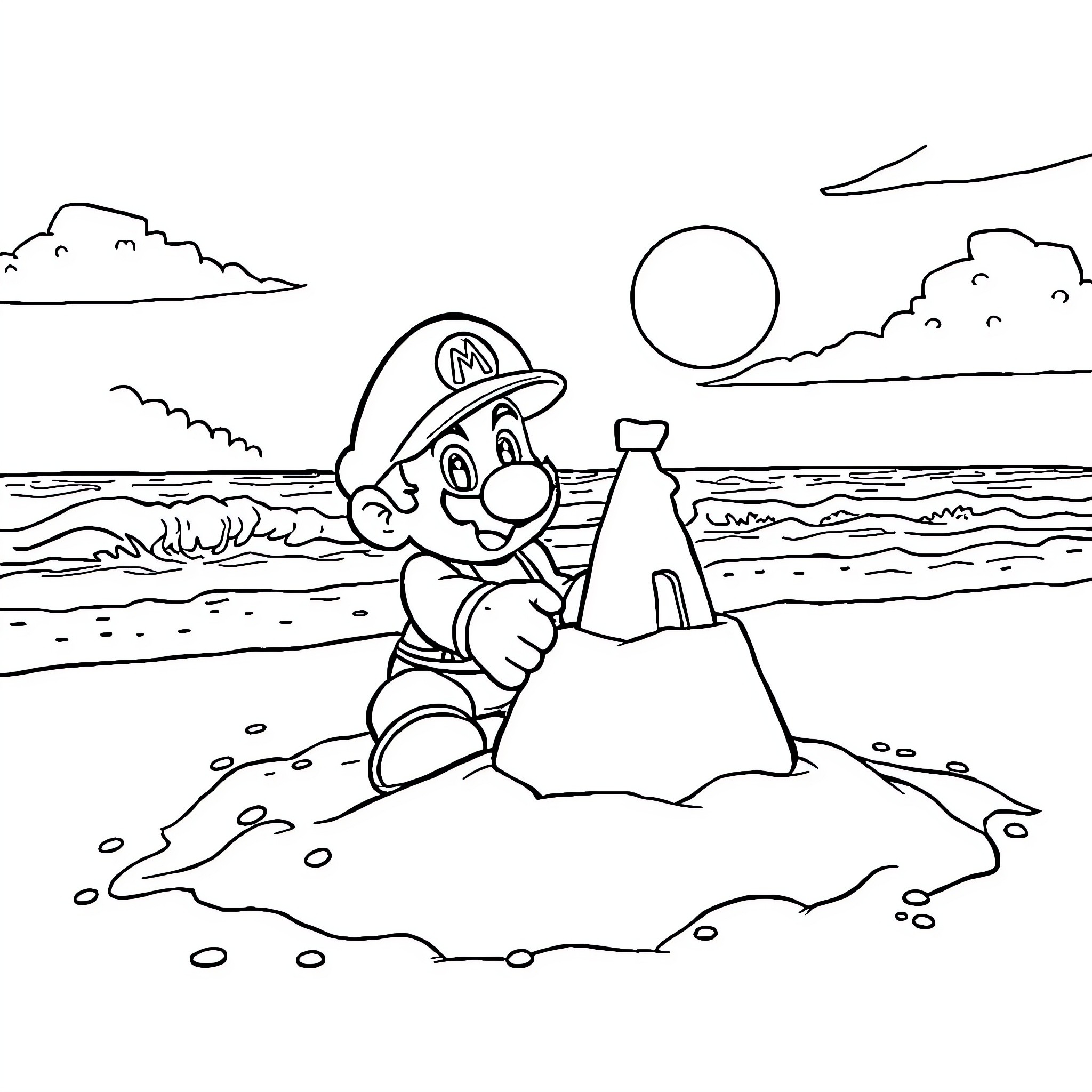 Mario building a sandcastle on the beach Coloring Page (free black-and-white line drawing printable PDF for all, from beginners to advanced learners, including children, teens, adults, and seniors)