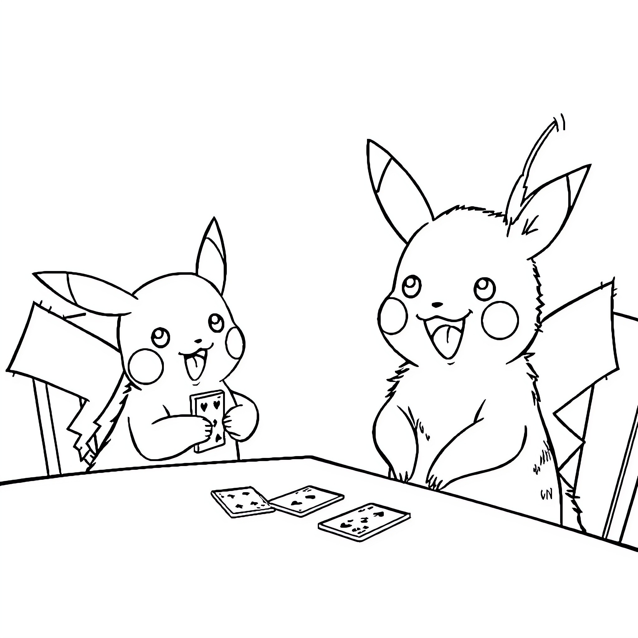 German Shepherd Pokémon Playing Cards Together Coloring Page (free black-and-white line drawing printable PDF for all, from beginners to advanced learners, including children, teens, adults, and seniors)