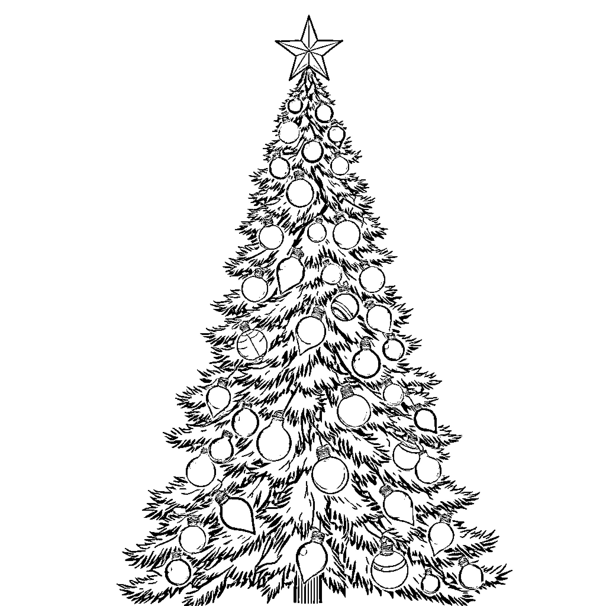 Christmas Tree with Ornaments and Star Coloring Page (free black-and-white line drawing printable PDF for all, from beginners to advanced learners, including children, teens, adults, and seniors)
