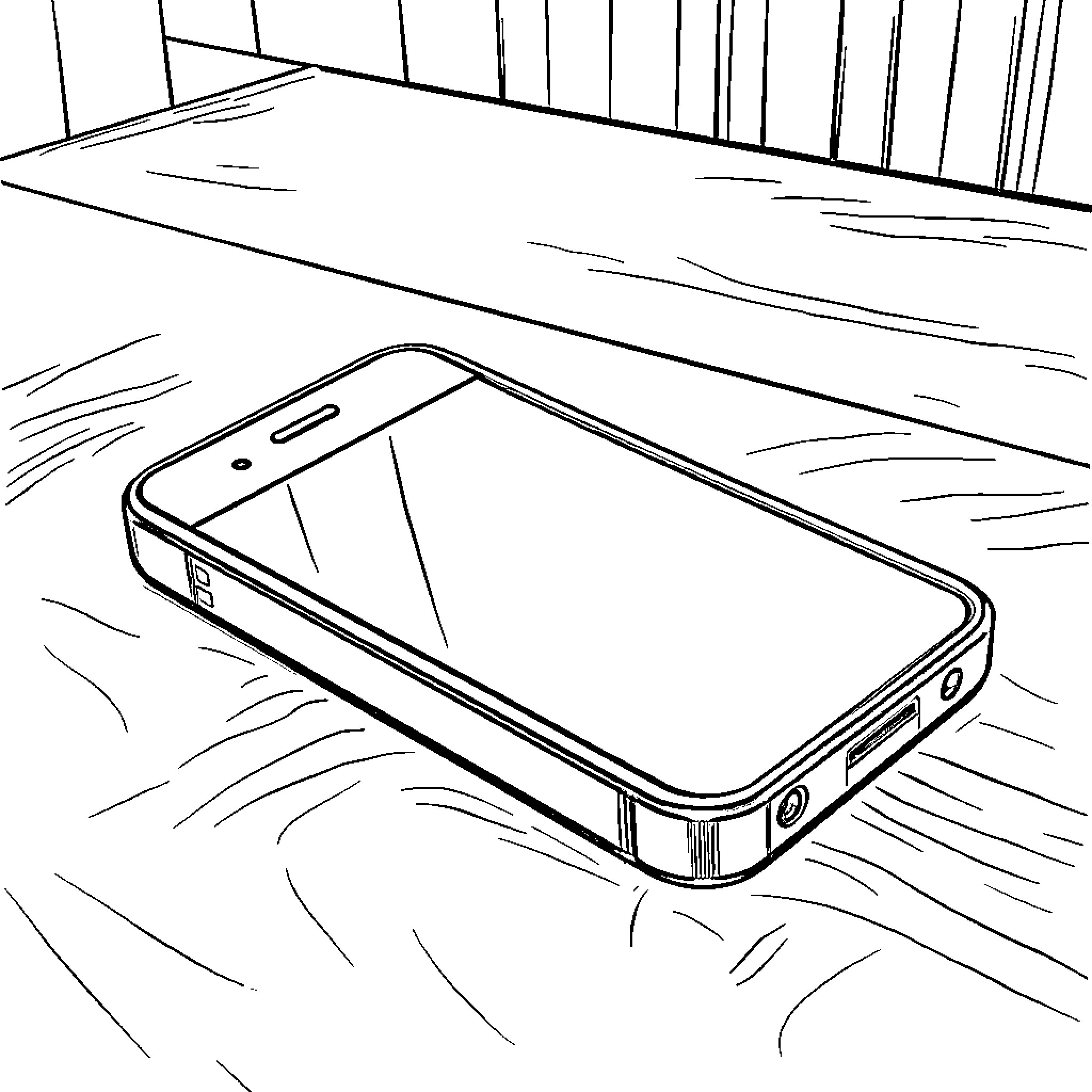 iPhone on the floor in a room Coloring Page (free black-and-white line drawing printable PDF for all, from beginners to advanced learners, including children, teens, adults, and seniors)