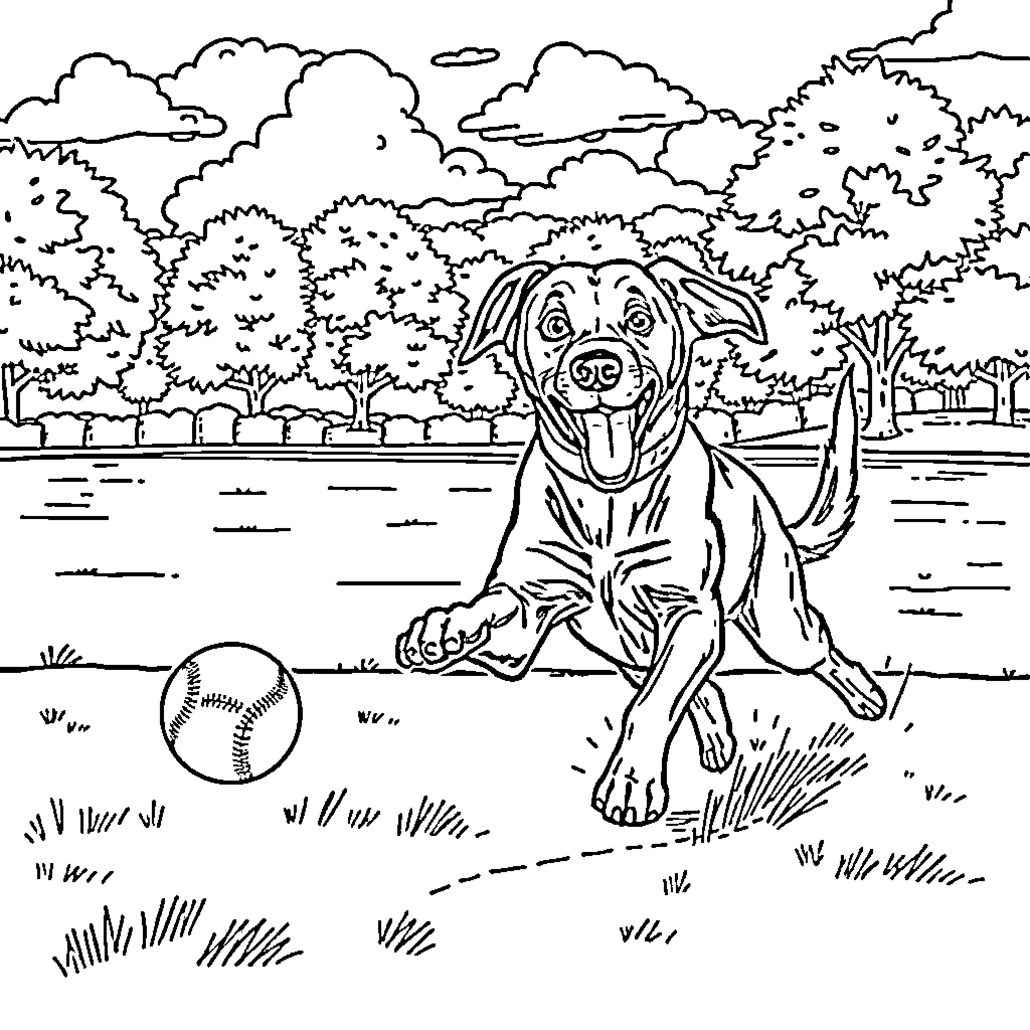 Labrador retrieving a baseball in the park Coloring Page (free black-and-white line drawing printable PDF for all, from beginners to advanced learners, including children, teens, adults, and seniors)