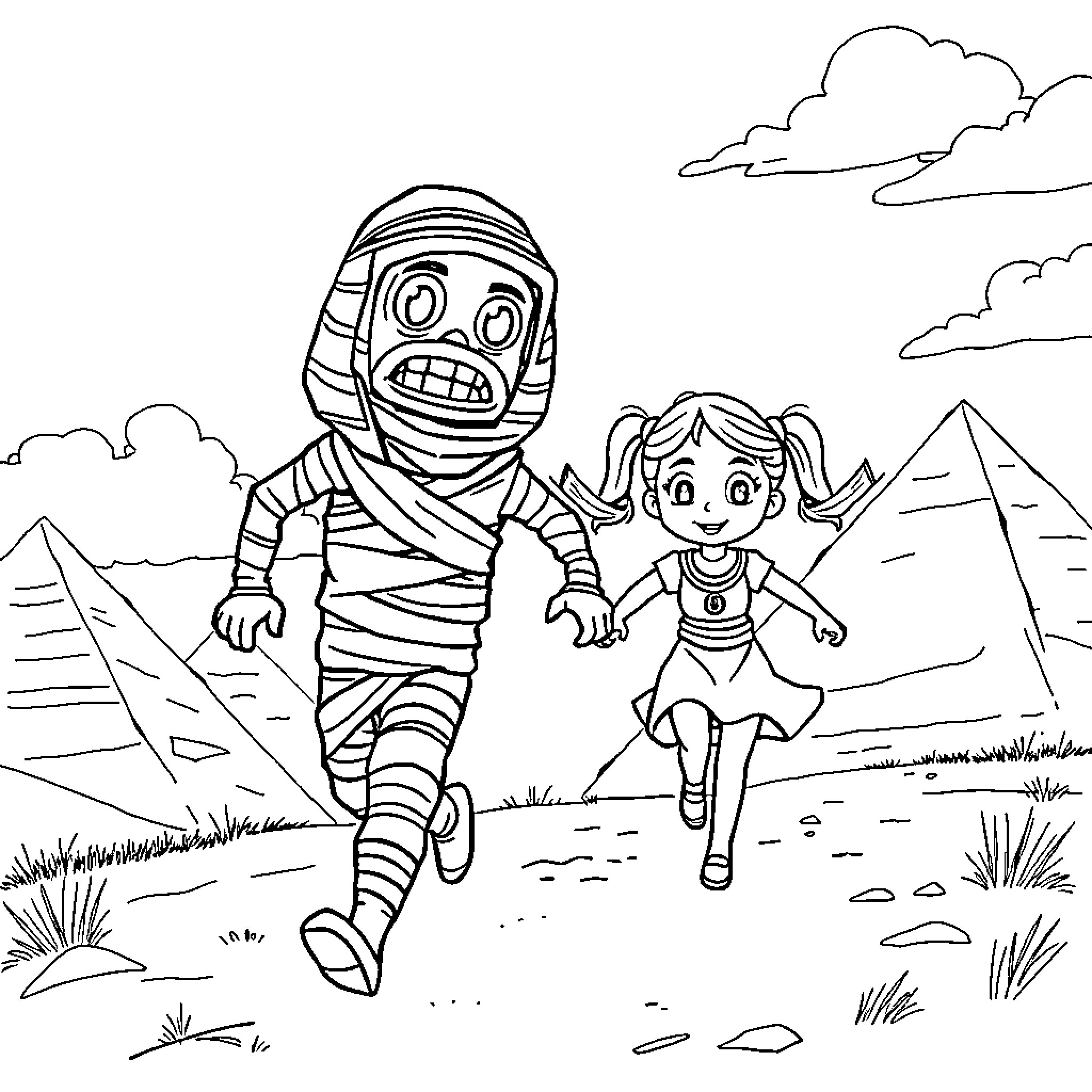 Mummy and girl exploring desert adventure Coloring Page (free black-and-white line drawing printable PDF for all, from beginners to advanced learners, including children, teens, adults, and seniors)