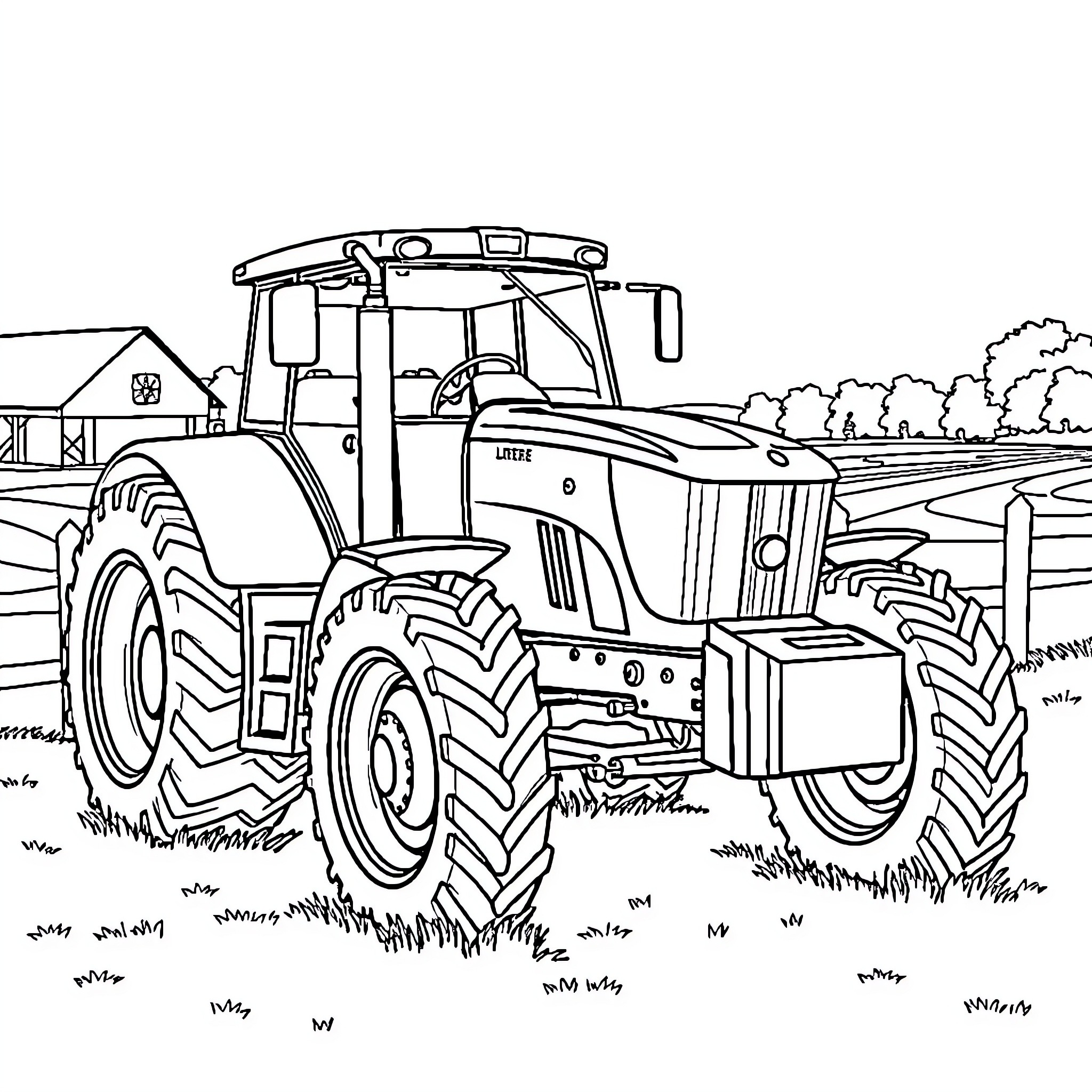 Tractor plowing the countryside field Coloring Page (free black-and-white line drawing printable PDF for all, from beginners to advanced learners, including children, teens, adults, and seniors)