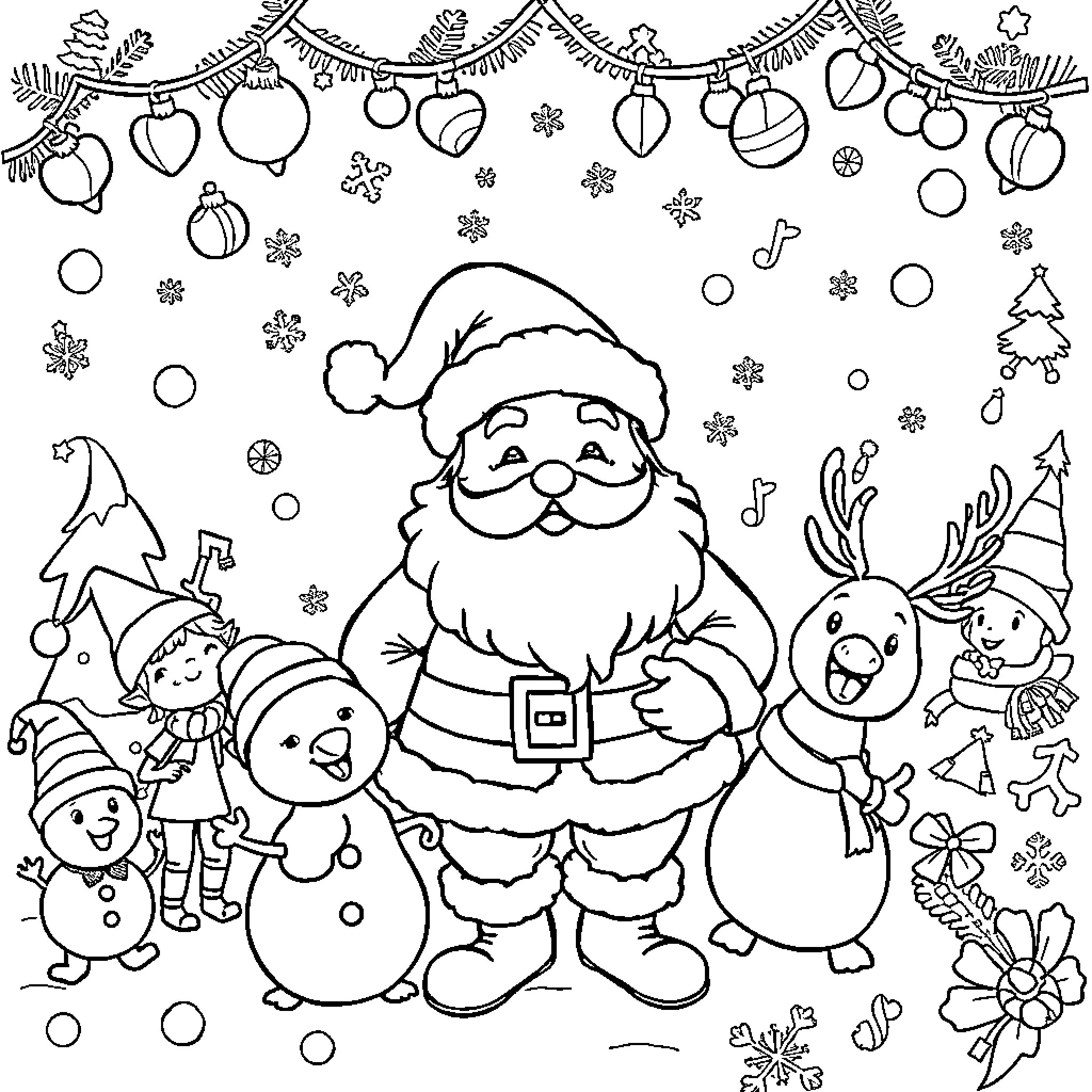 Christmas scene with Santa, snowmen, and holiday decorations Coloring Page (free black-and-white line drawing printable PDF for all, from beginners to advanced learners, including children, teens, adults, and seniors)