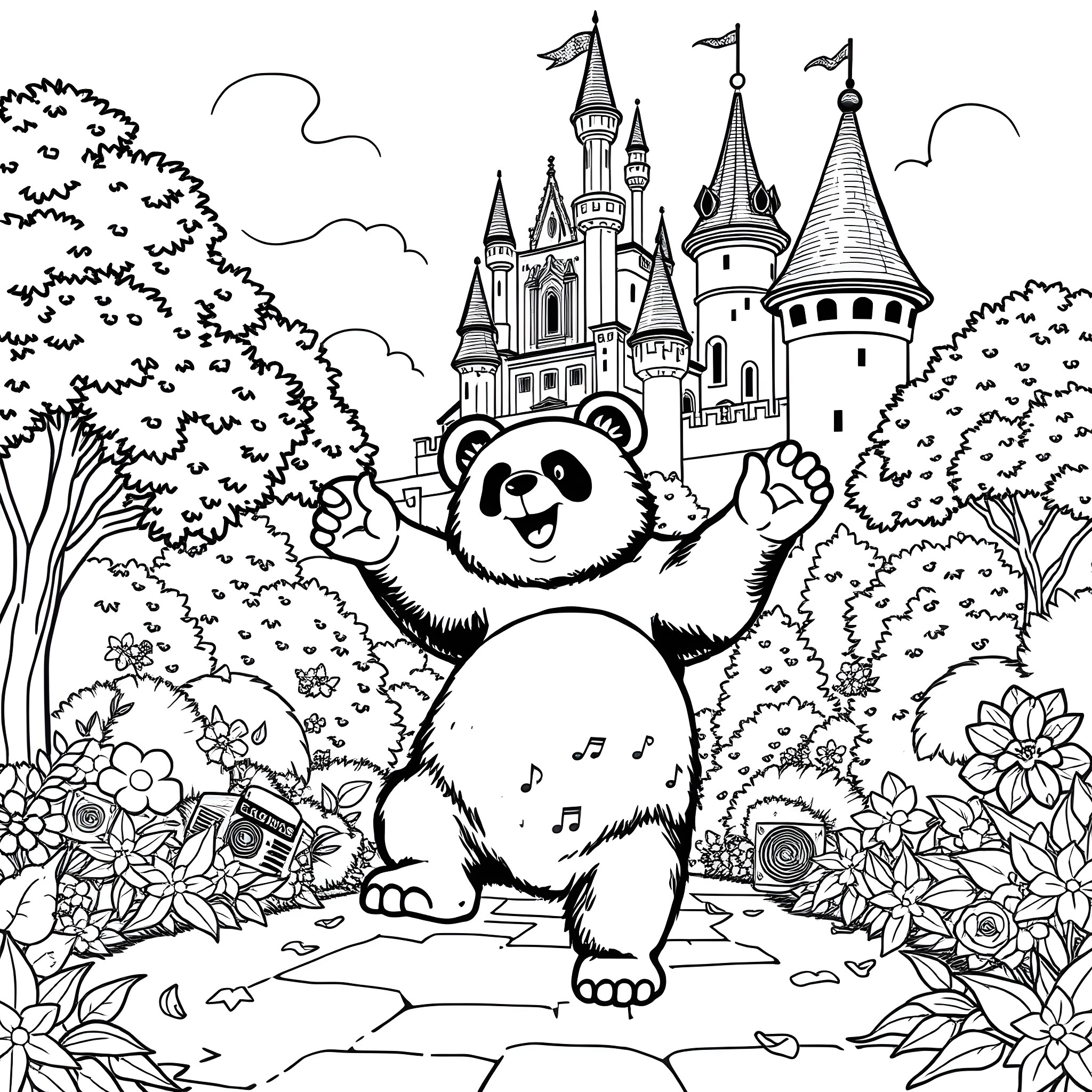 Panda frolicking joyfully in enchanted castle garden Coloring Page (free black-and-white line drawing printable PDF for all, from beginners to advanced learners, including children, teens, adults, and seniors)