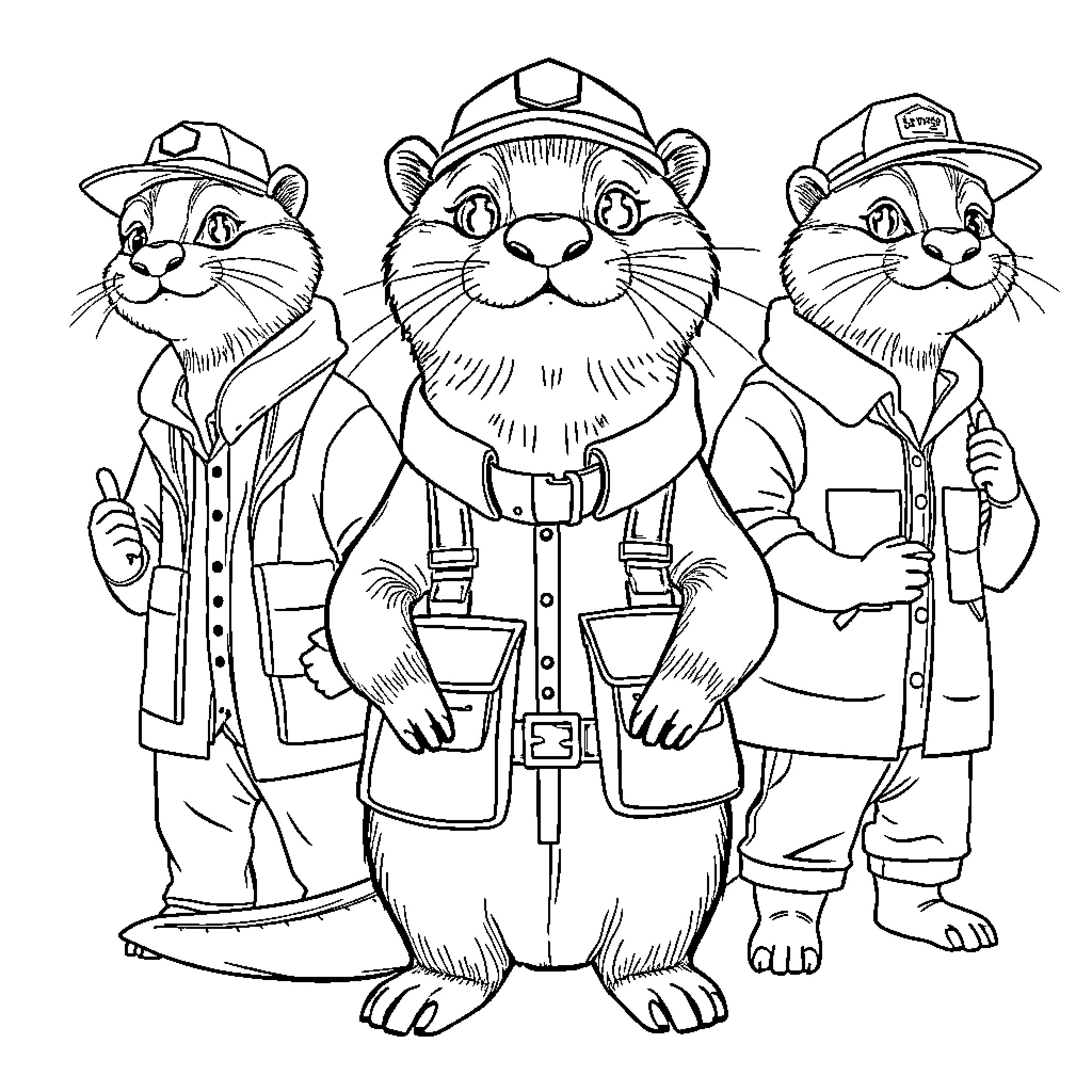 Otters in Uniform Gear Coloring Page (free black-and-white line drawing printable PDF for all, from beginners to advanced learners, including children, teens, adults, and seniors)