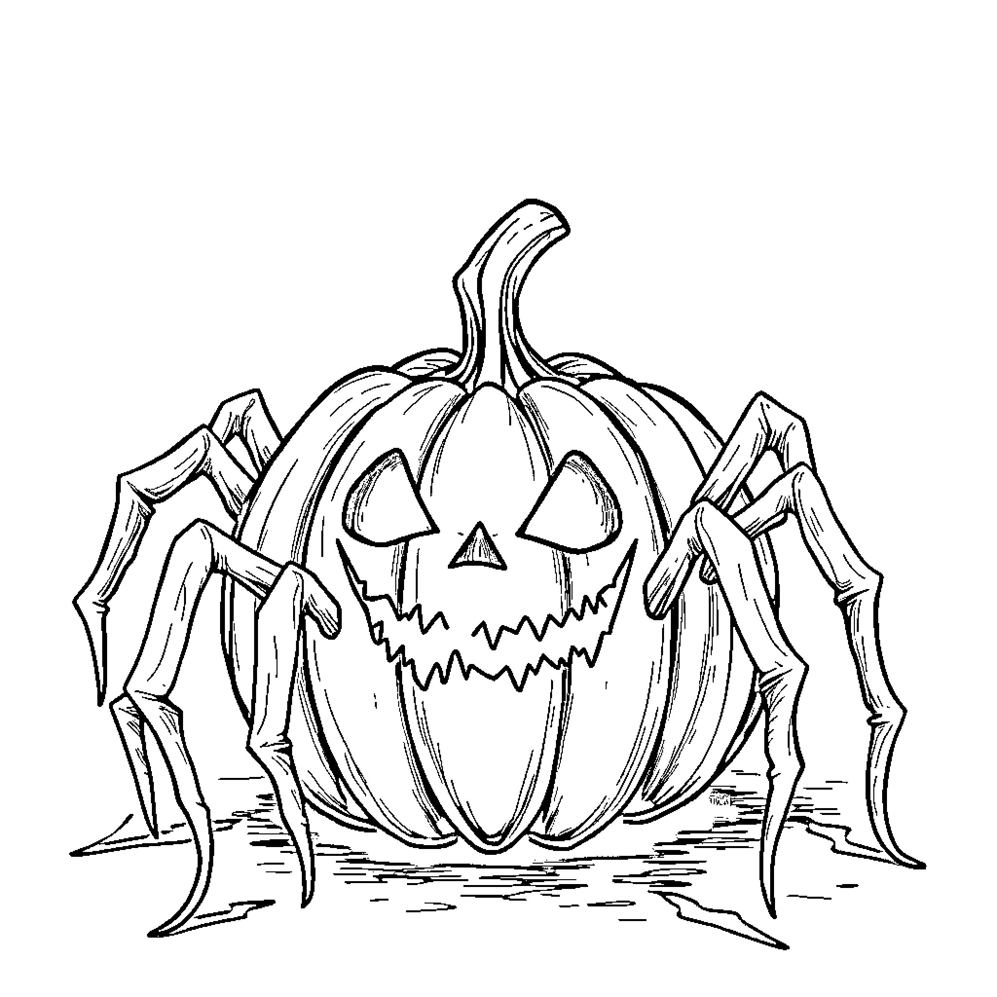 Pumpkin spider with spooky features Coloring Page (free black-and-white line drawing printable PDF for all, from beginners to advanced learners, including children, teens, adults, and seniors)