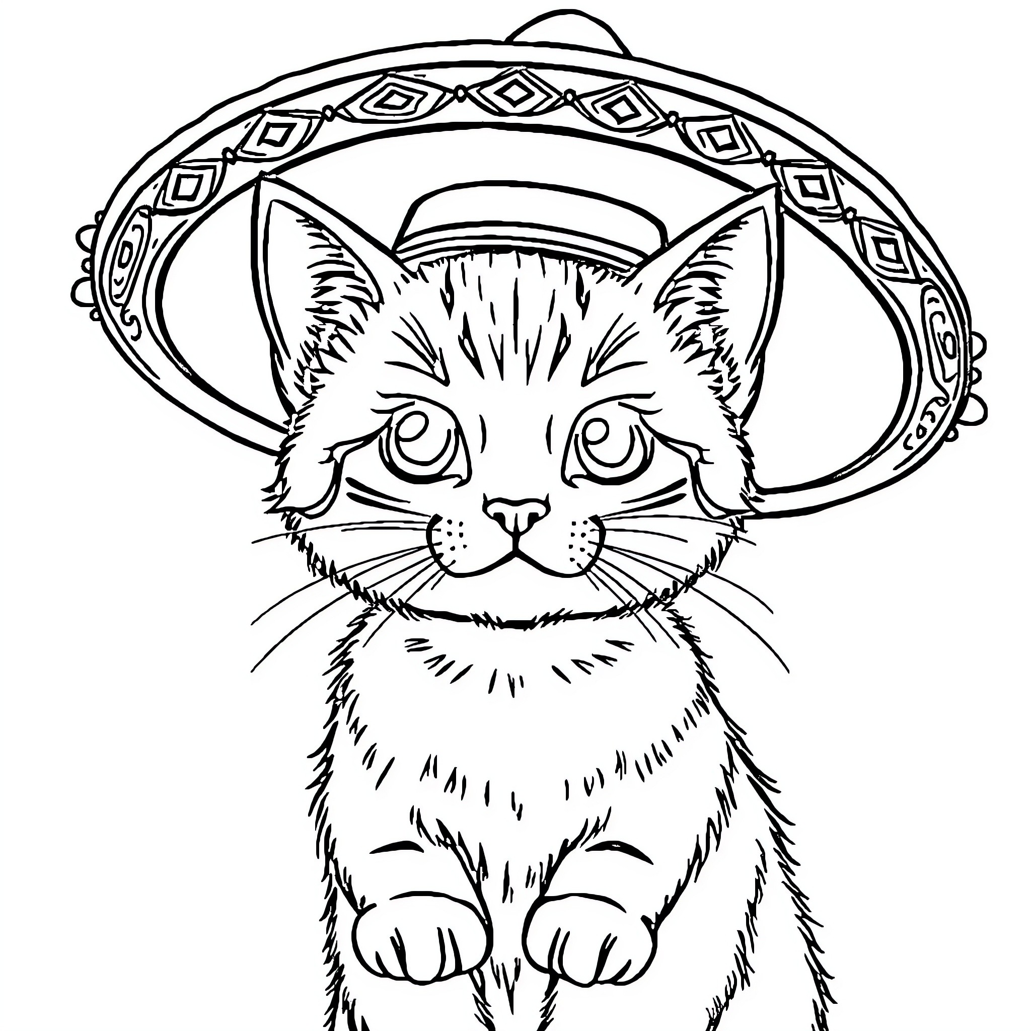 Cat wearing ornamental hat Coloring Page (free black-and-white line drawing printable PDF for all, from beginners to advanced learners, including children, teens, adults, and seniors)