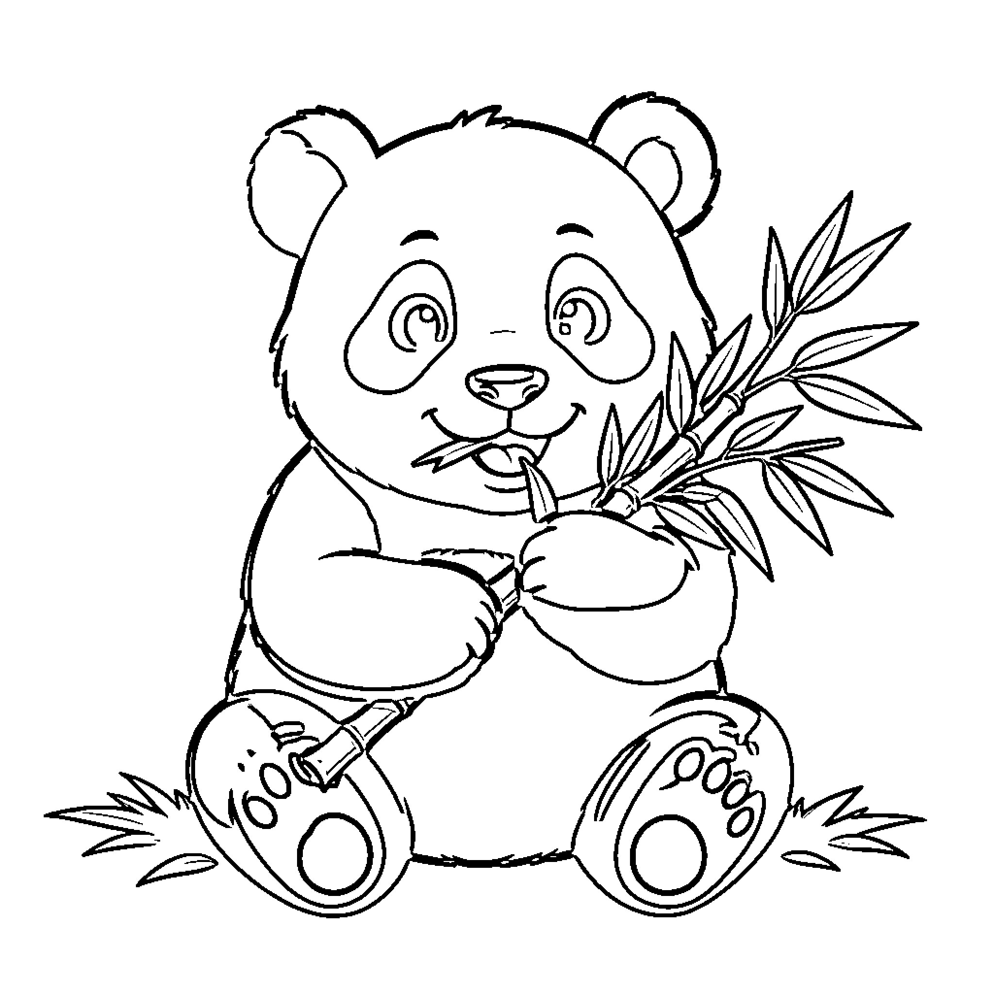 Panda eating bamboo with a happy expression Coloring Page (free black-and-white line drawing printable PDF for all, from beginners to advanced learners, including children, teens, adults, and seniors)