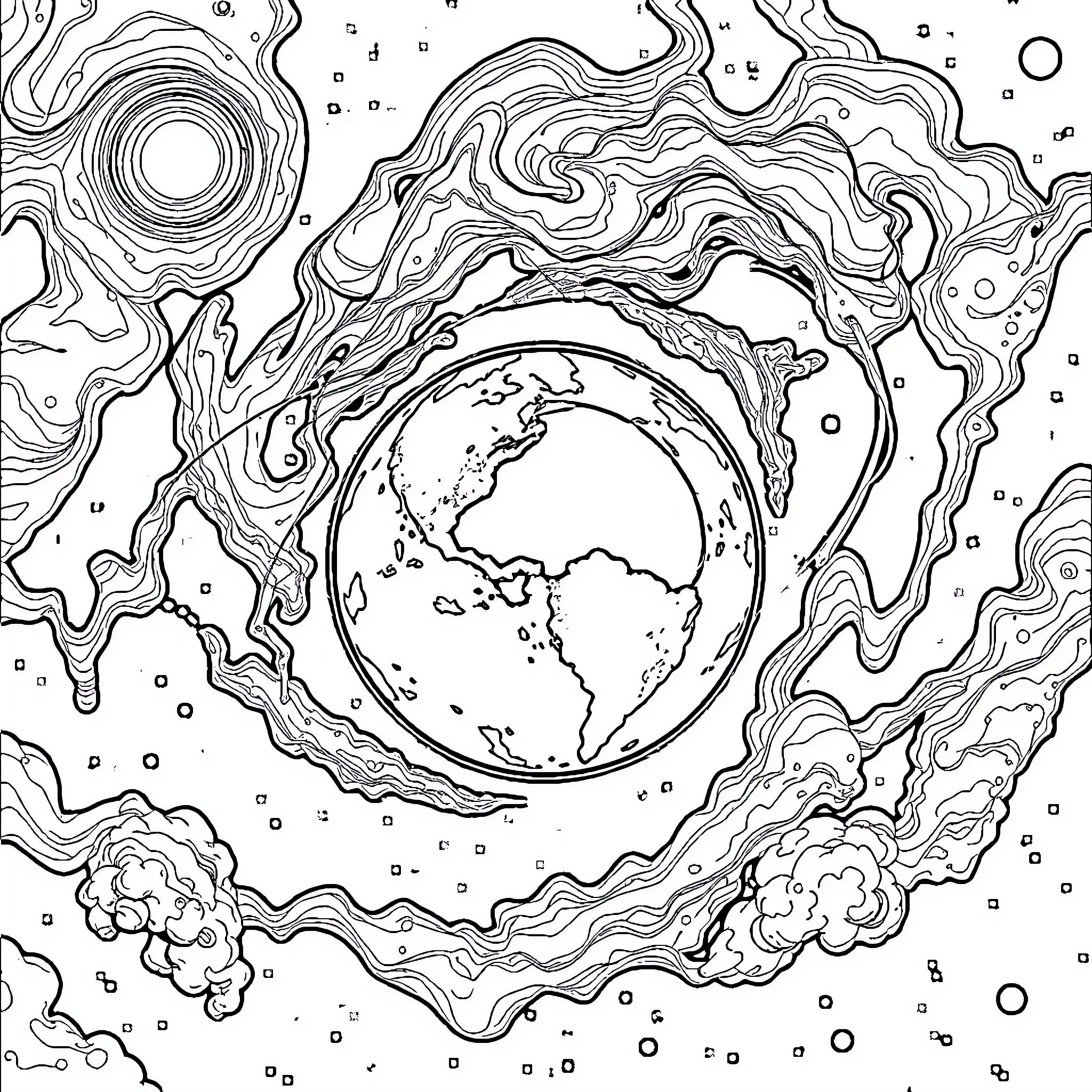 Earth Enveloped by Abstract Swirls and Patterns Coloring Page (free black-and-white line drawing printable PDF for all, from beginners to advanced learners, including children, teens, adults, and seniors)