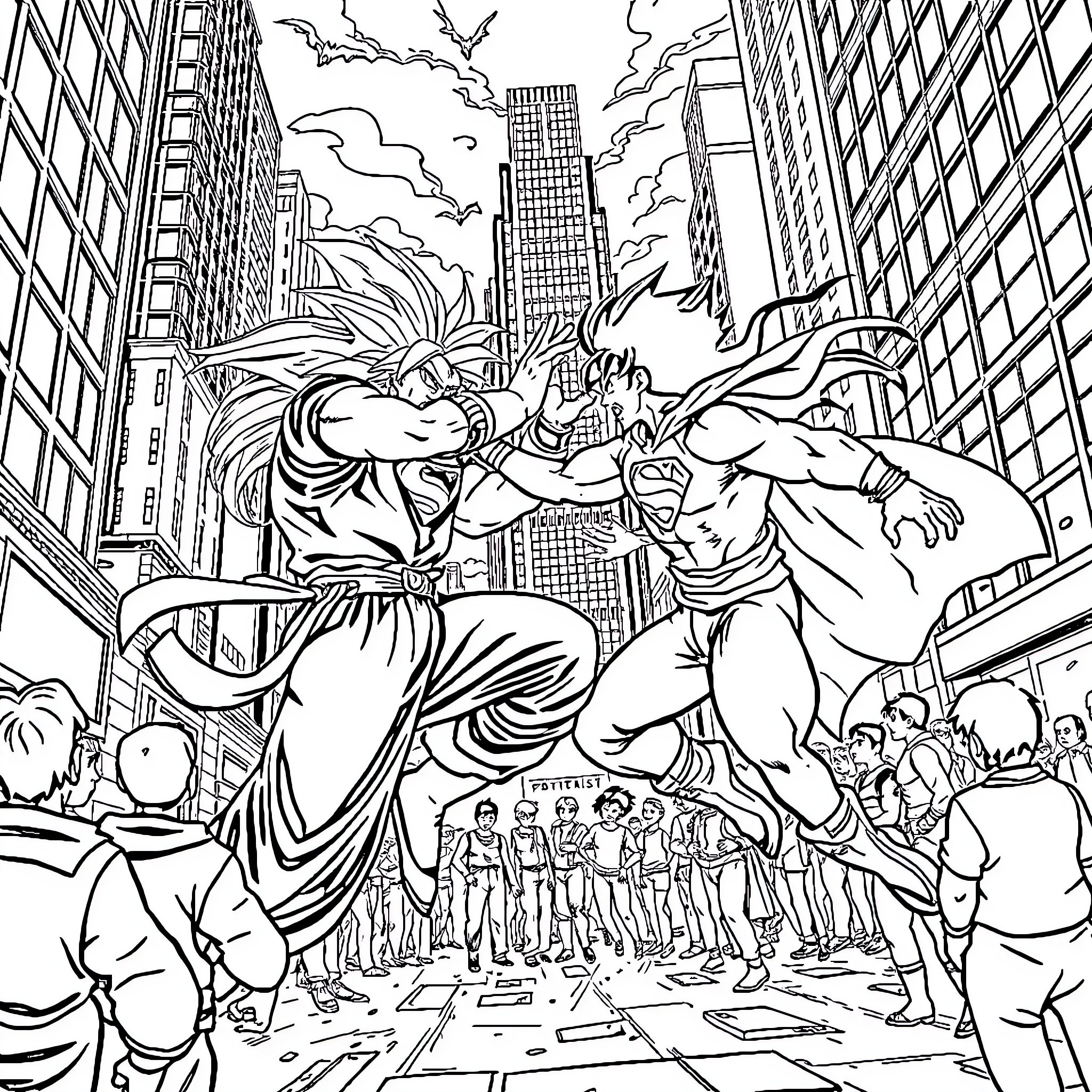 Goku's epic battle in the city Coloring Page (free black-and-white line drawing printable PDF for all, from beginners to advanced learners, including children, teens, adults, and seniors)