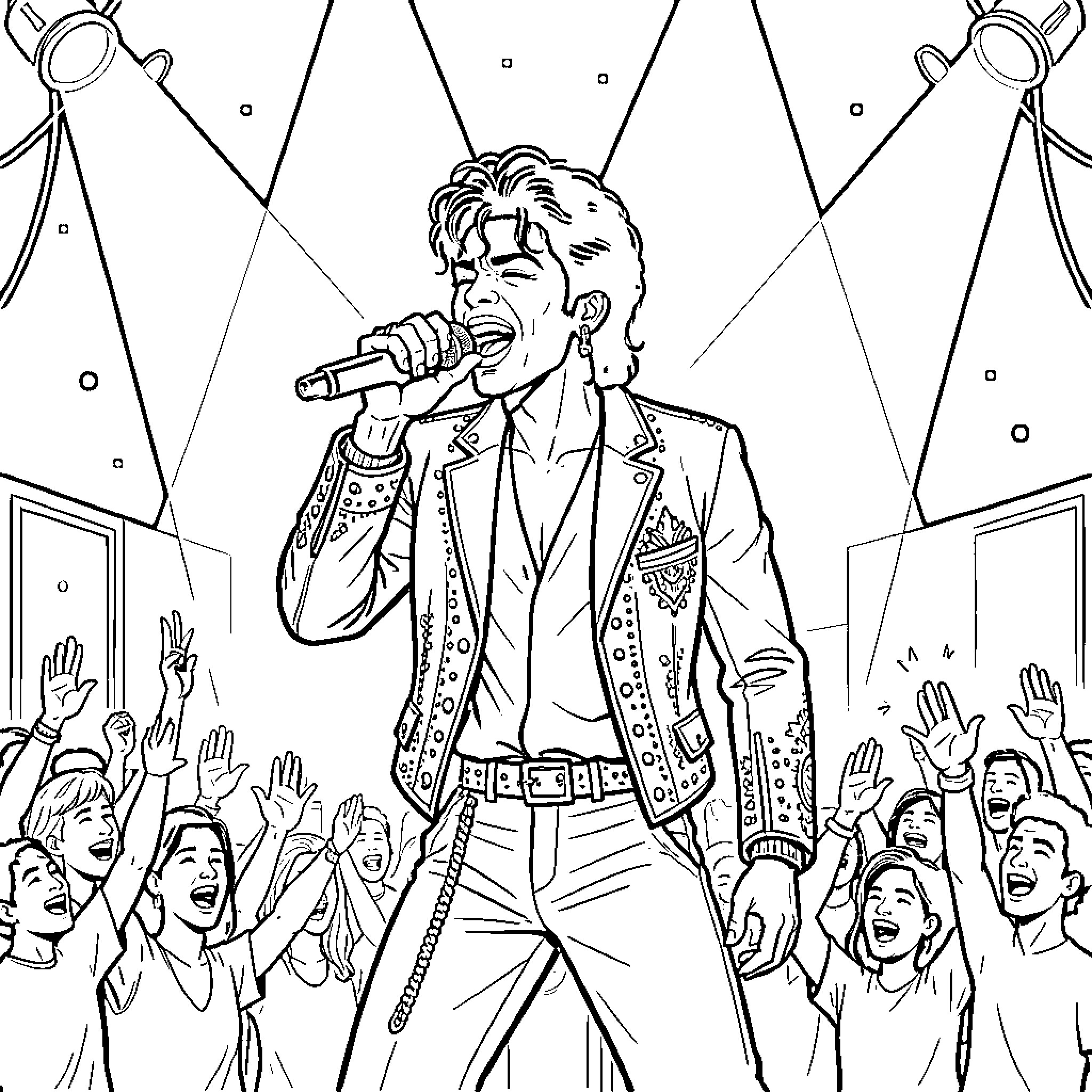 Michael Jackson Performing on Stage with Fans Coloring Page (free black-and-white line drawing printable PDF for all, from beginners to advanced learners, including children, teens, adults, and seniors)