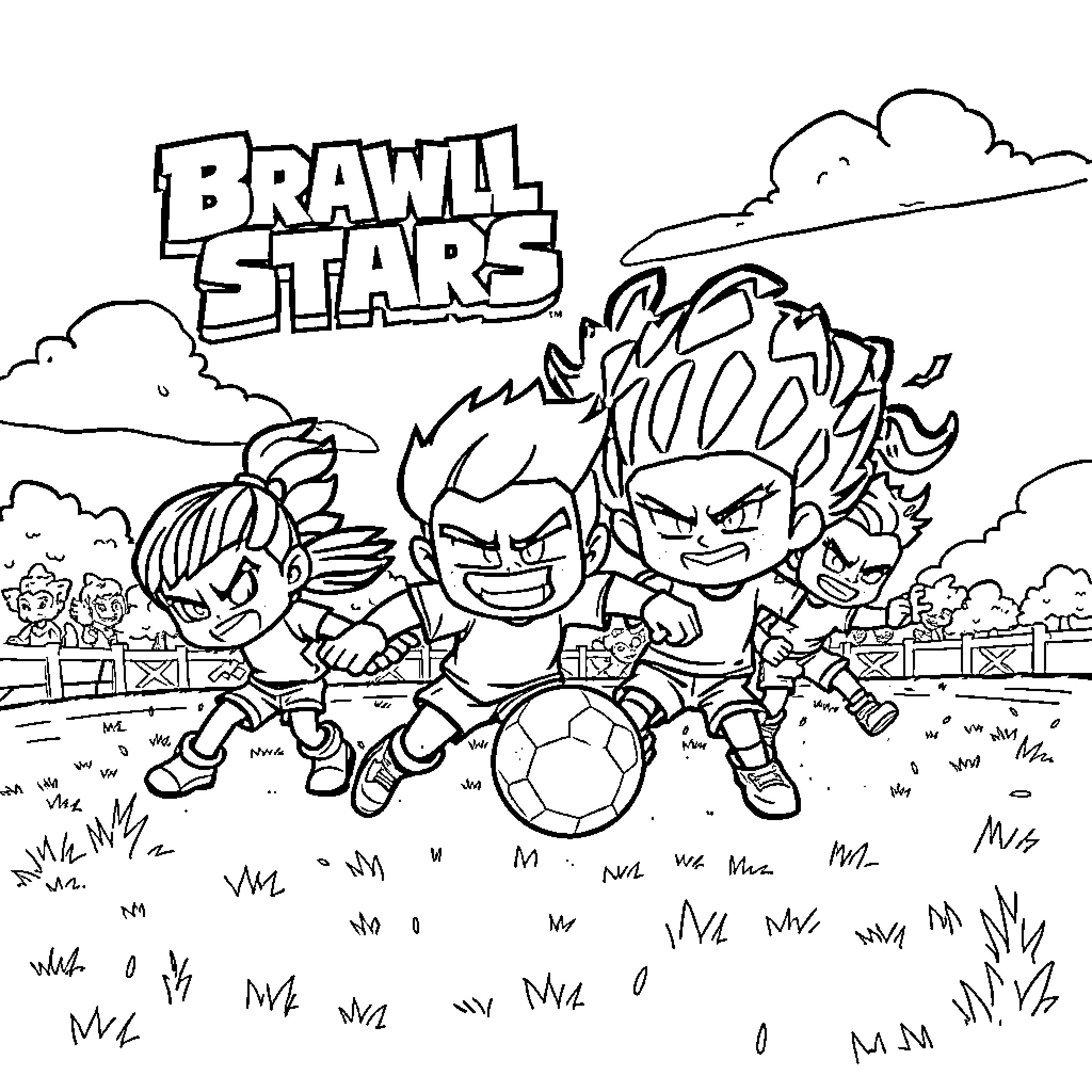 Brawl Stars Characters in Energetic Soccer Match Coloring Page (free black-and-white line drawing printable PDF for all, from beginners to advanced learners, including children, teens, adults, and seniors)