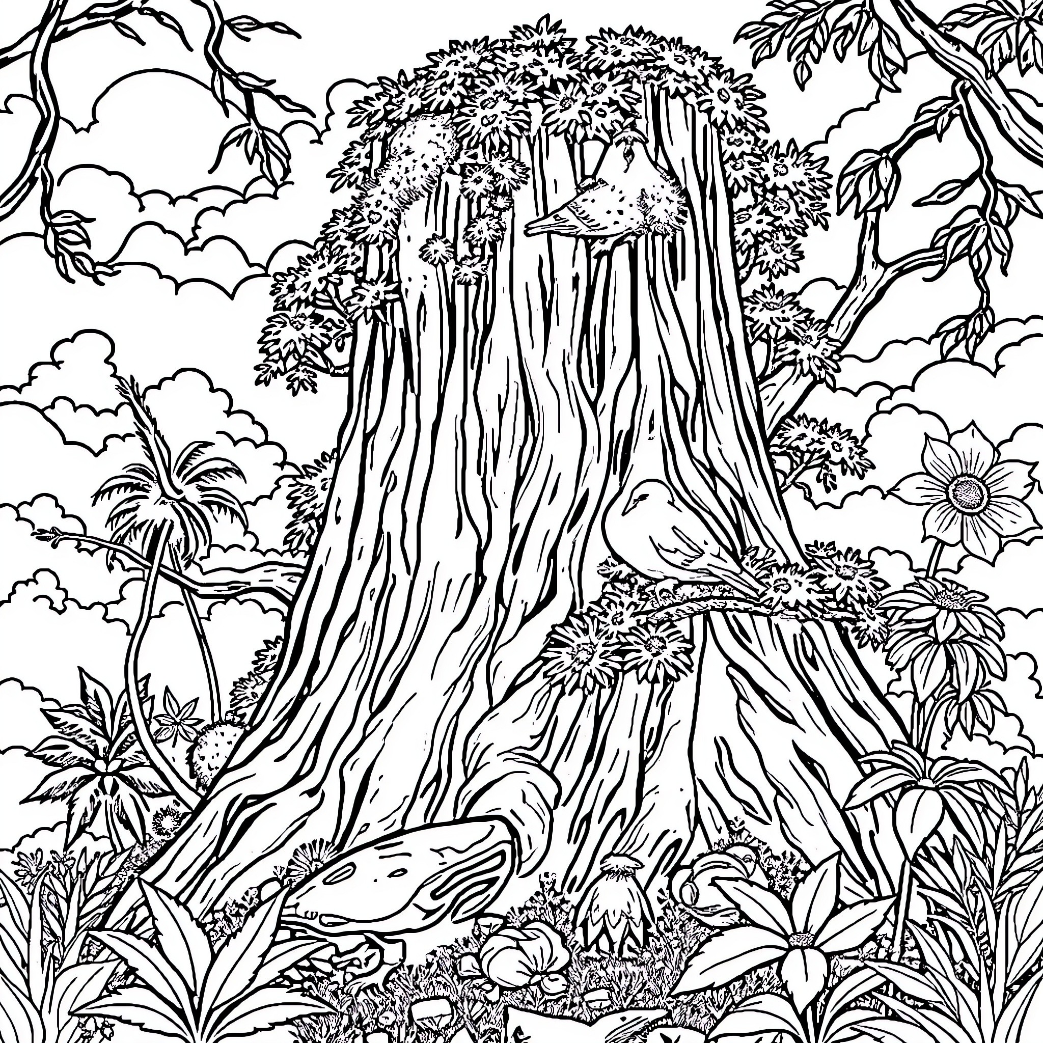 Wolf Exploring the Enchanted Forest Landscape Coloring Page (free black-and-white line drawing printable PDF for all, from beginners to advanced learners, including children, teens, adults, and seniors)