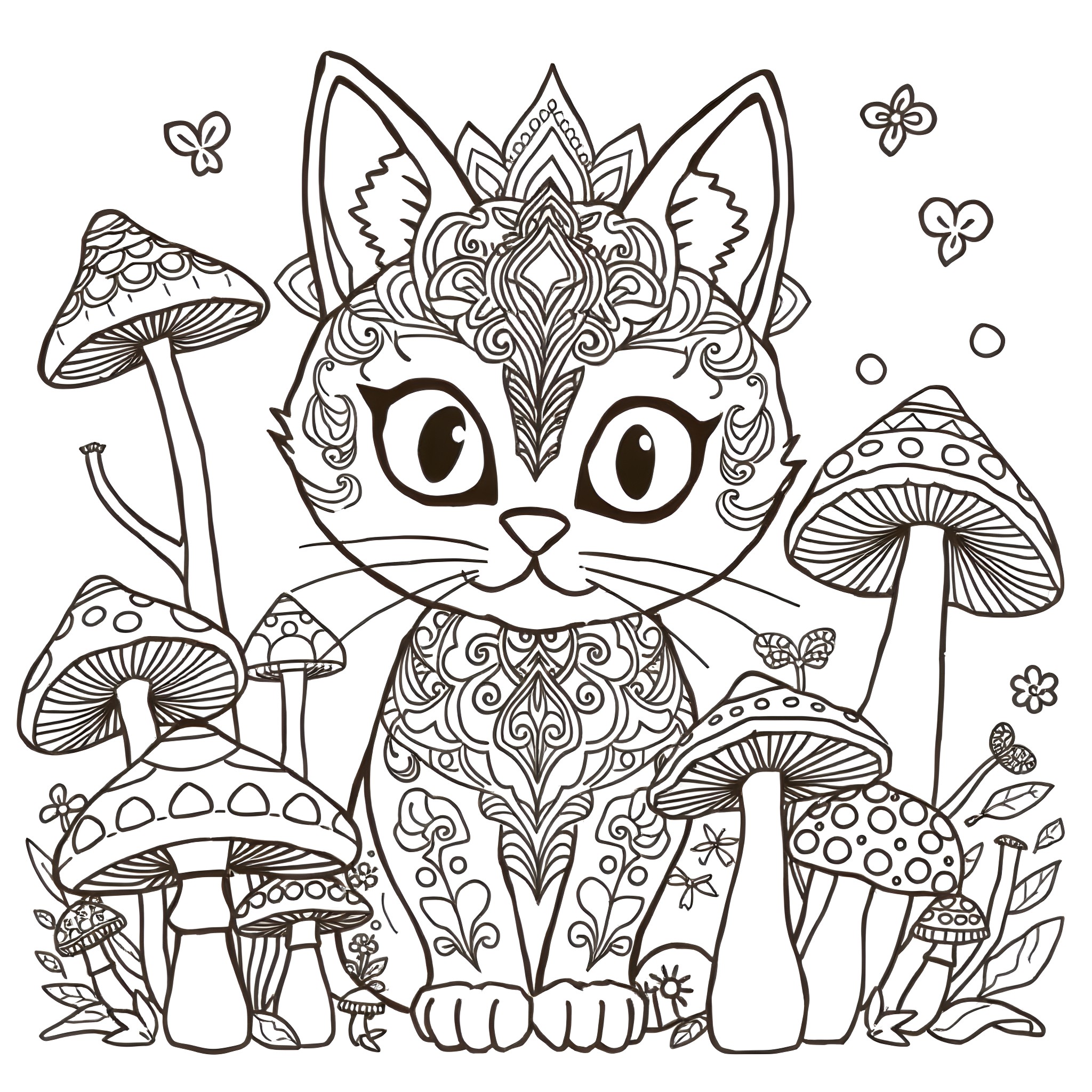 Cat in a Whimsical Mushroom Forest Coloring Page (free black-and-white line drawing printable PDF for all, from beginners to advanced learners, including children, teens, adults, and seniors)
