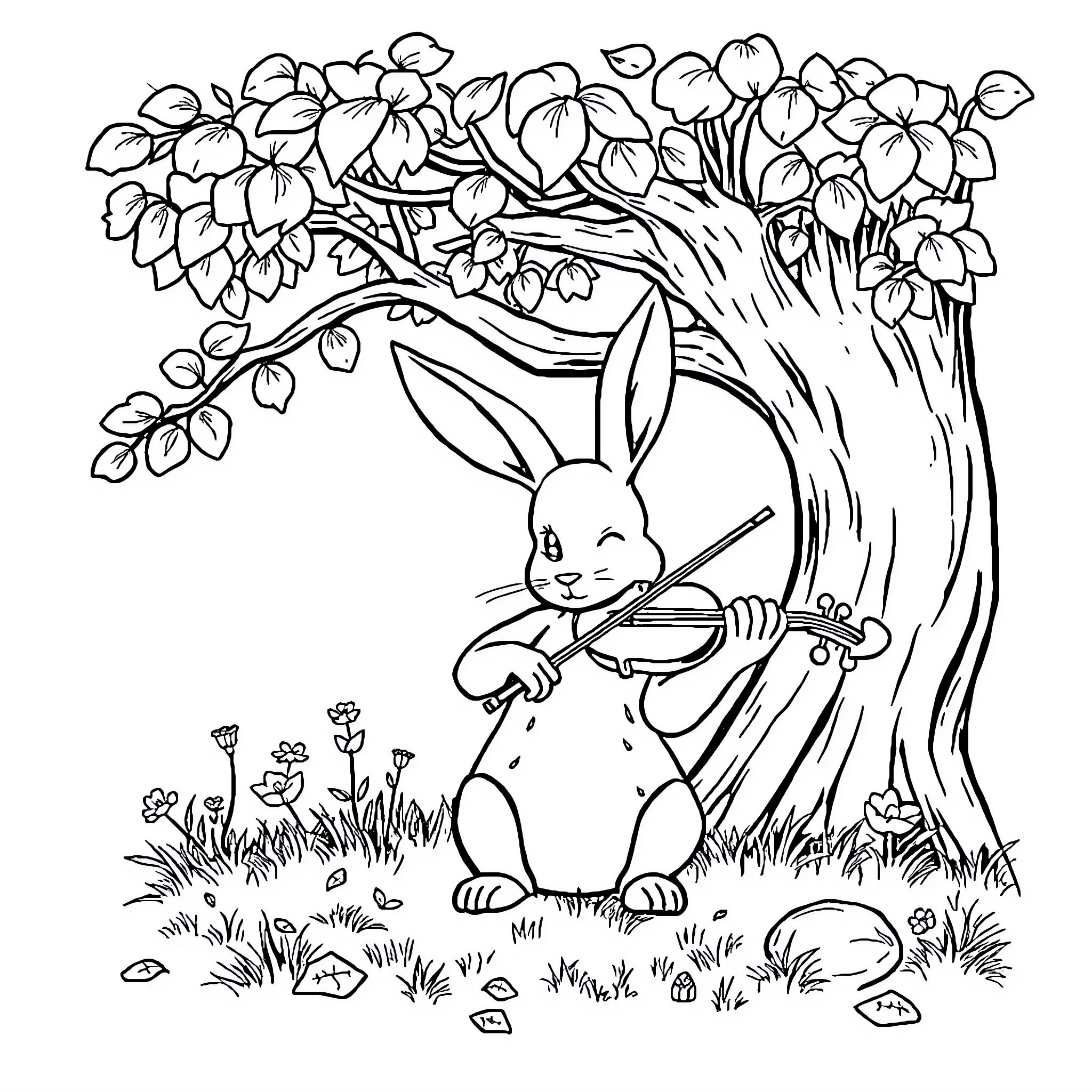 Rabbit playing the violin under a blossoming tree Coloring Page (free black-and-white line drawing printable PDF for all, from beginners to advanced learners, including children, teens, adults, and seniors)