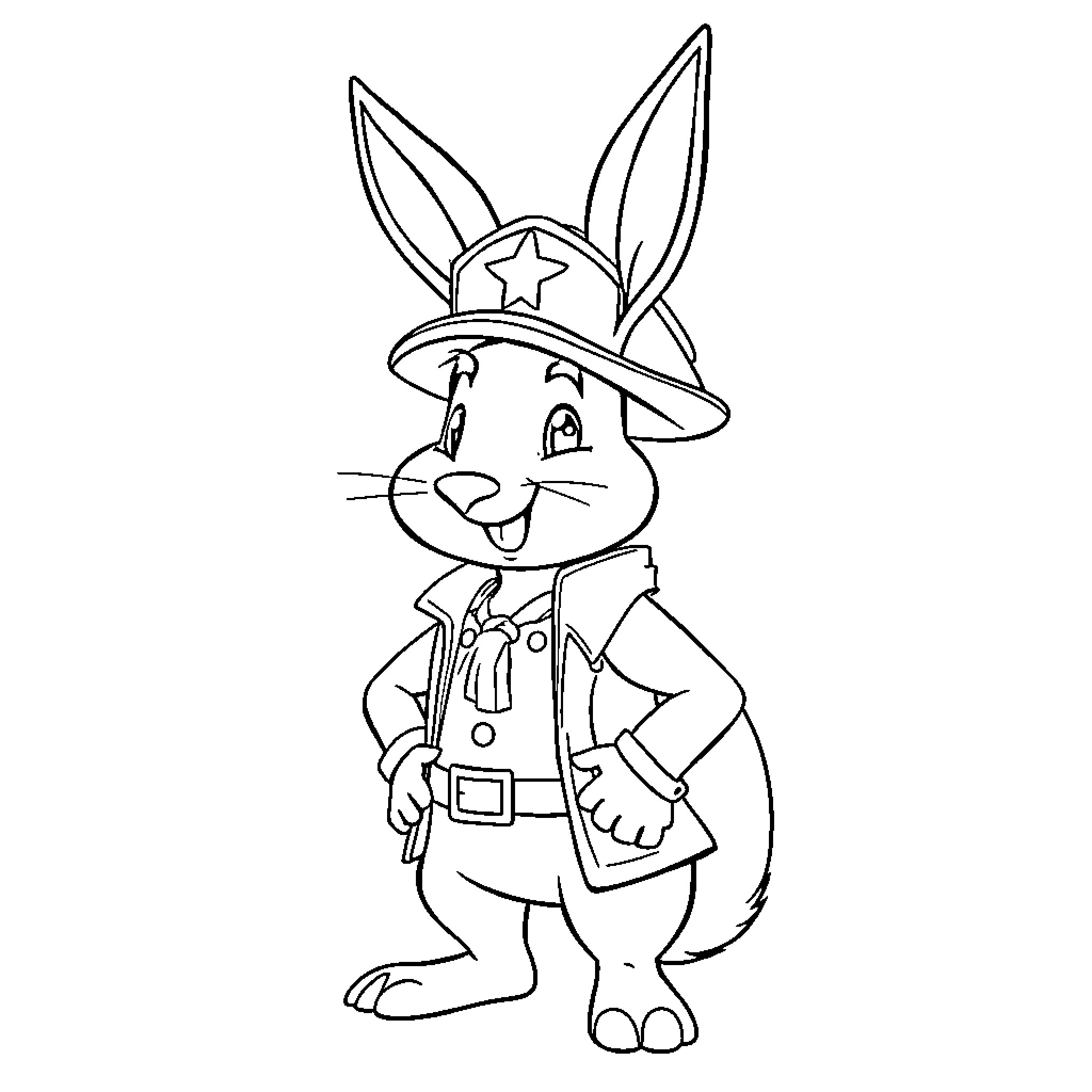 Simon the Cartoon Rabbit Wearing a Sheriff's Hat Coloring Page (free black-and-white line drawing printable PDF for all, from beginners to advanced learners, including children, teens, adults, and seniors)