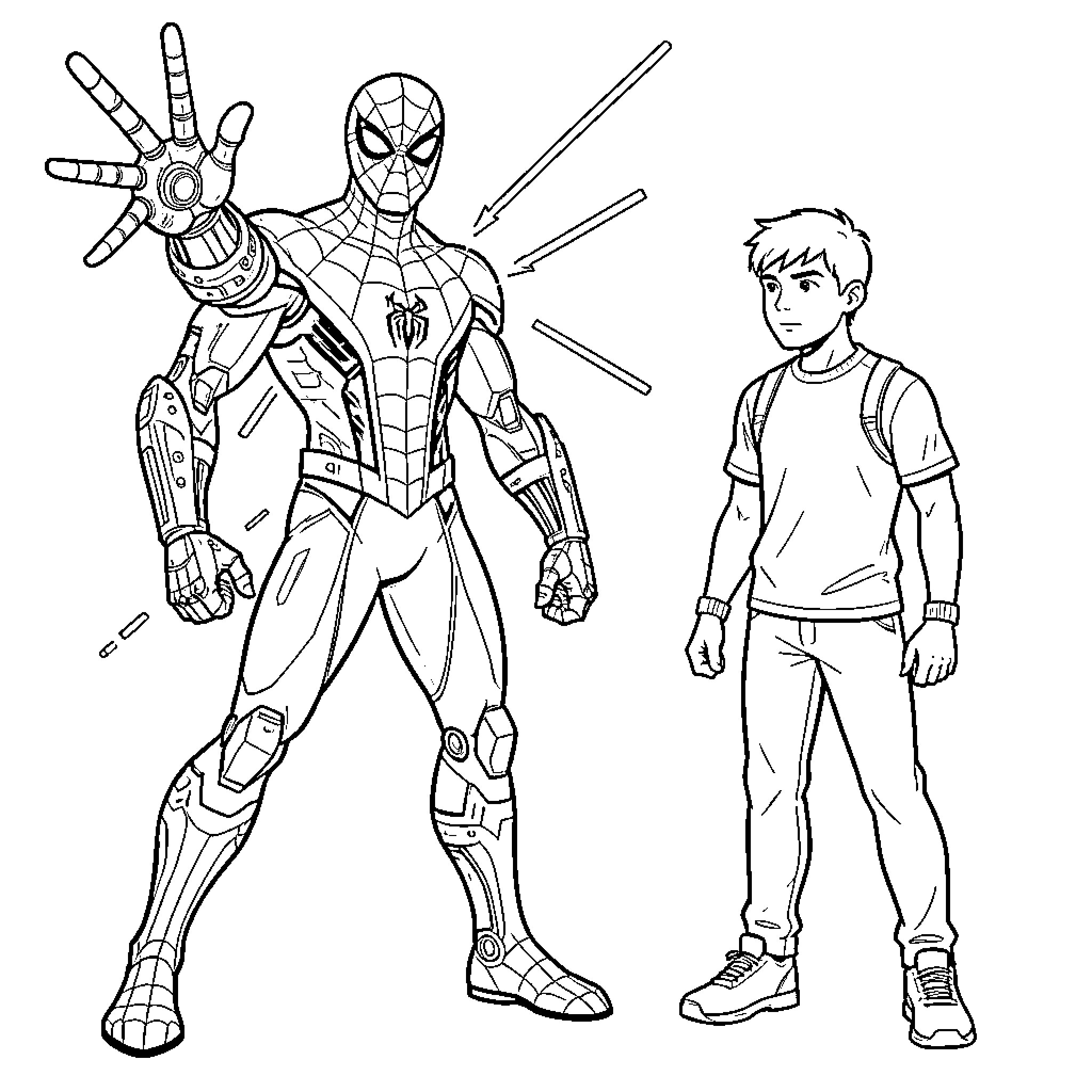 Spider-Man posing heroically next to a young boy Coloring Page (free black-and-white line drawing printable PDF for all, from beginners to advanced learners, including children, teens, adults, and seniors)