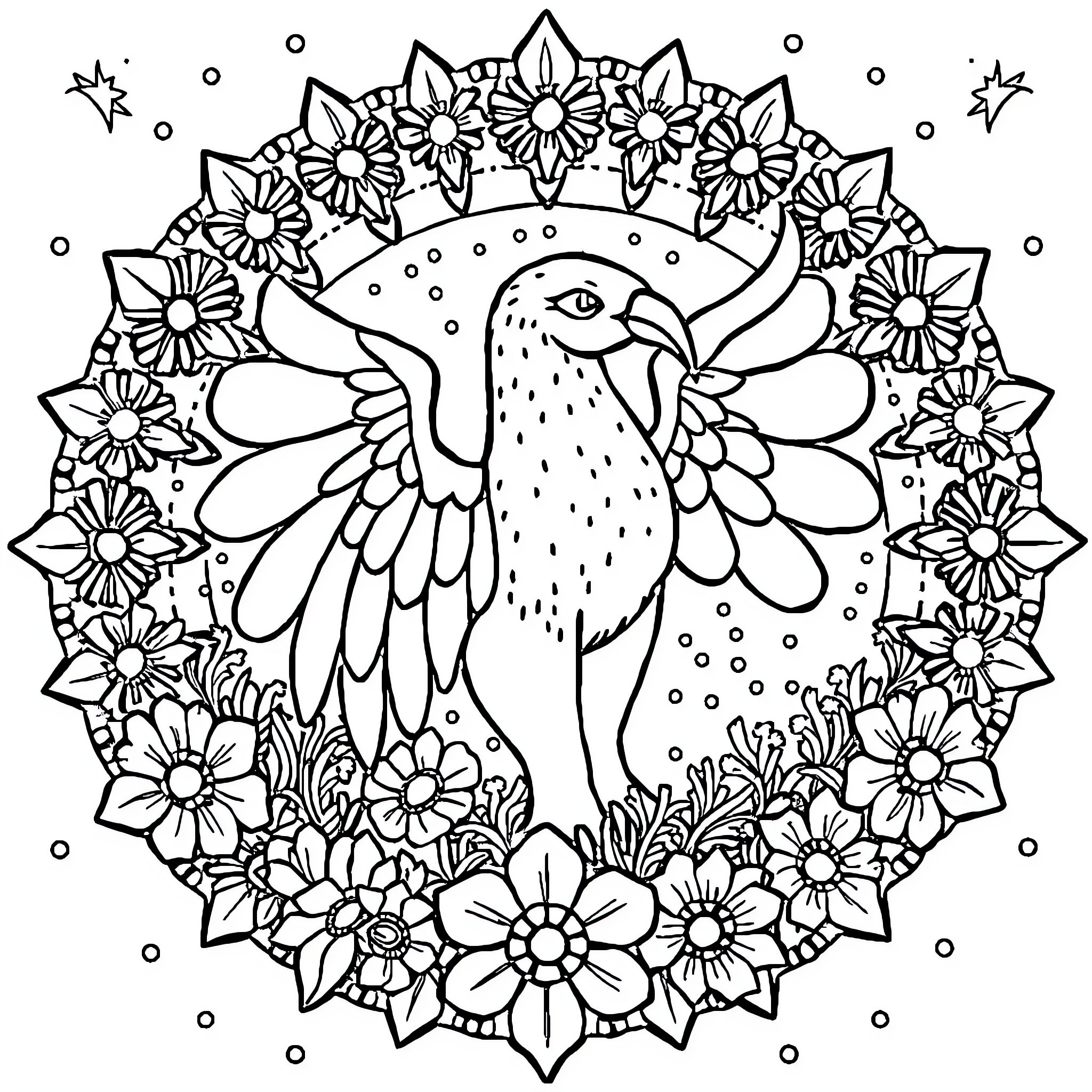 Elephant bird surrounded by floral patterns Coloring Page (free black-and-white line drawing printable PDF for all, from beginners to advanced learners, including children, teens, adults, and seniors)