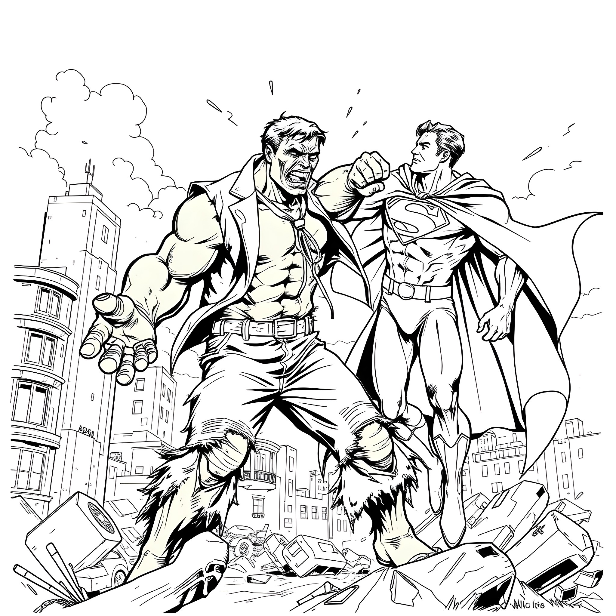 Zombie Hulk Battles Against Heroic Defender in City Ruins Coloring Page (free black-and-white line drawing printable PDF for all, from beginners to advanced learners, including children, teens, adults, and seniors)