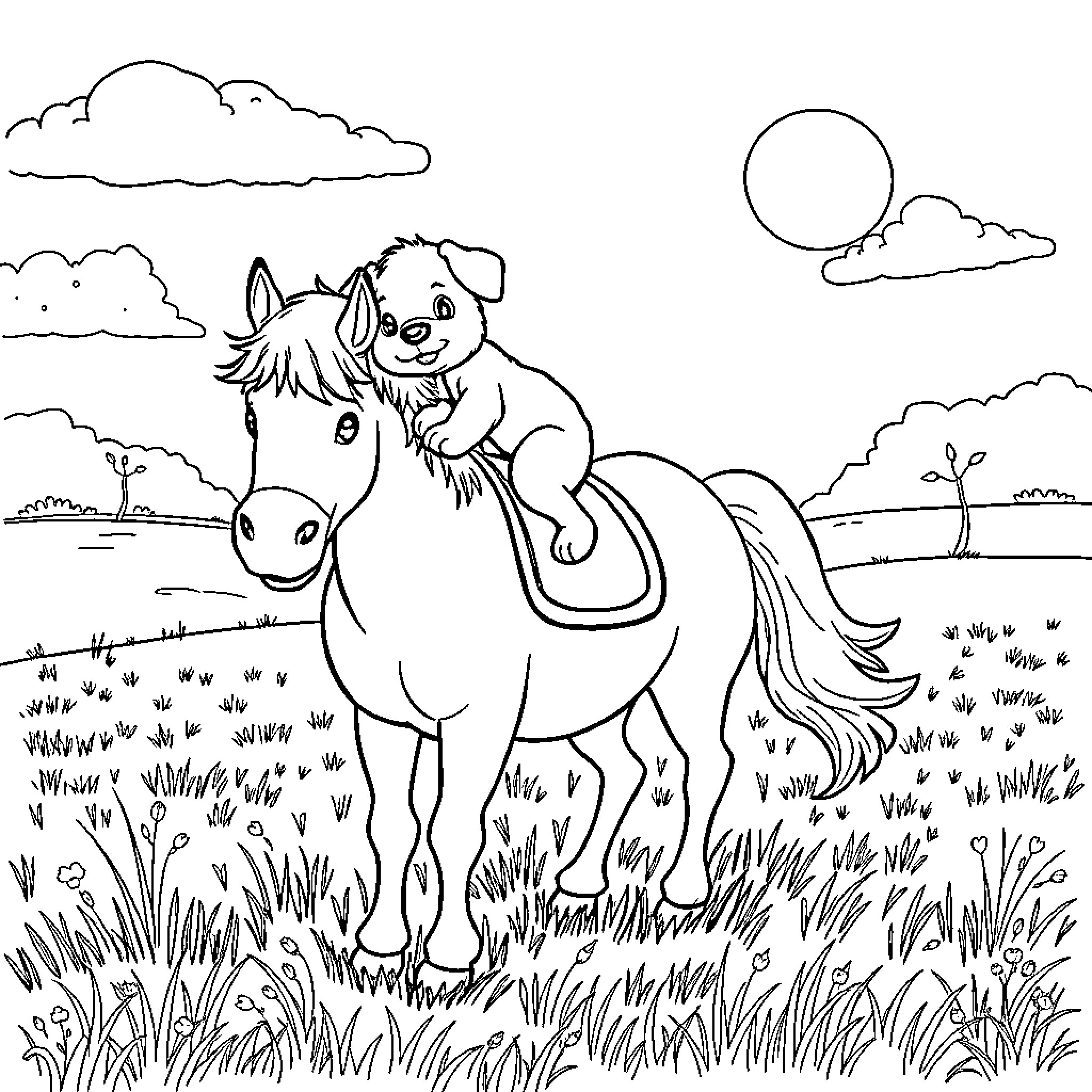 Puppy riding a pony in the countryside Coloring Page (free black-and-white line drawing printable PDF for all, from beginners to advanced learners, including children, teens, adults, and seniors)