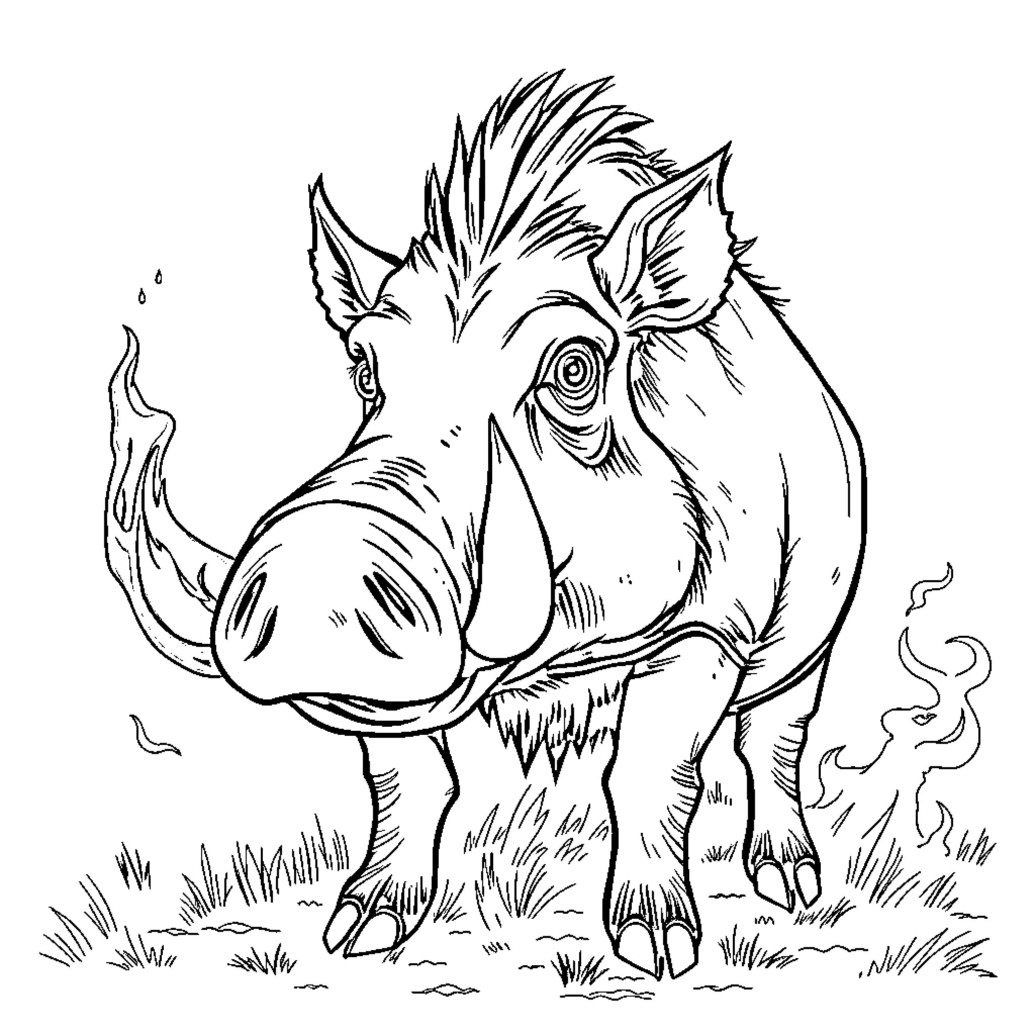 Warthog foraging in the wilderness Coloring Page (free black-and-white line drawing printable PDF for all, from beginners to advanced learners, including children, teens, adults, and seniors)