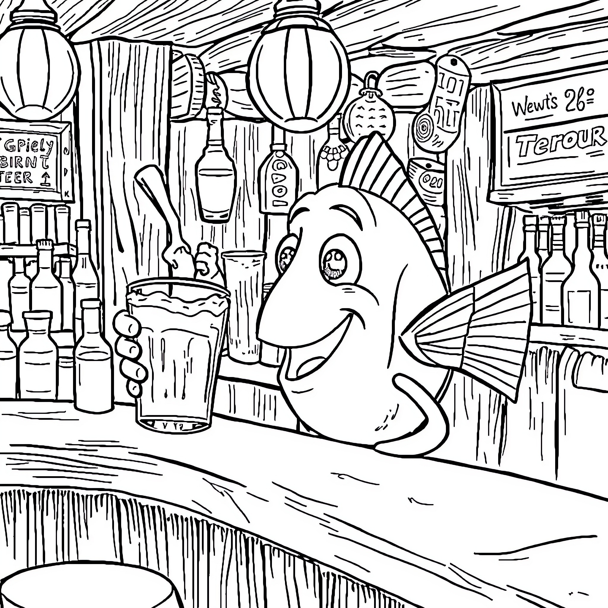 Nemo enjoying his favorite drinks at the underwater bar Coloring Page (free black-and-white line drawing printable PDF for all, from beginners to advanced learners, including children, teens, adults, and seniors)
