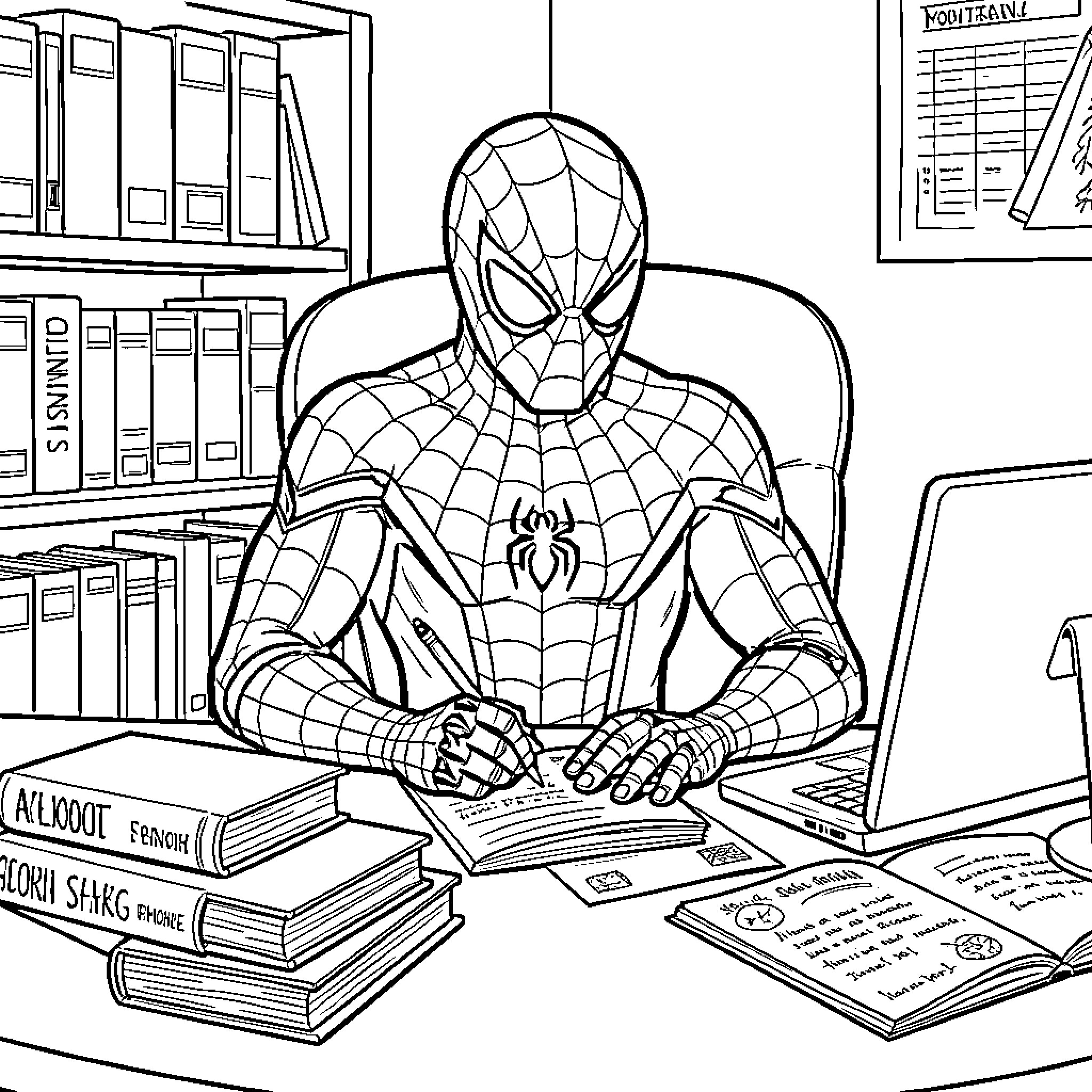 Spiderman sitting at a desk and writing in a notebook Coloring Page (free black-and-white line drawing printable PDF for all, from beginners to advanced learners, including children, teens, adults, and seniors)