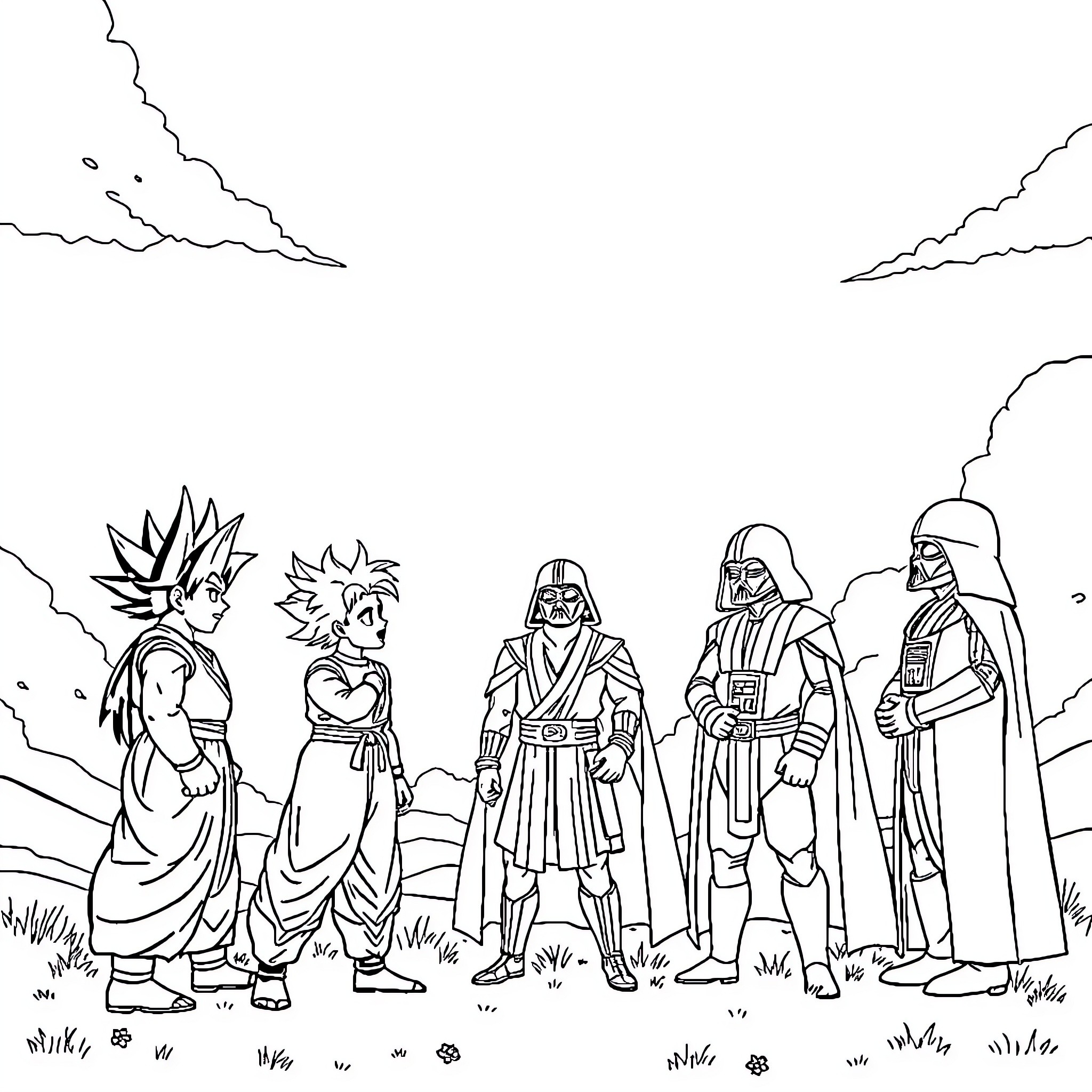 Character battle in an epic sci-fi/fantasy scene Coloring Page (free black-and-white line drawing printable PDF for all, from beginners to advanced learners, including children, teens, adults, and seniors)