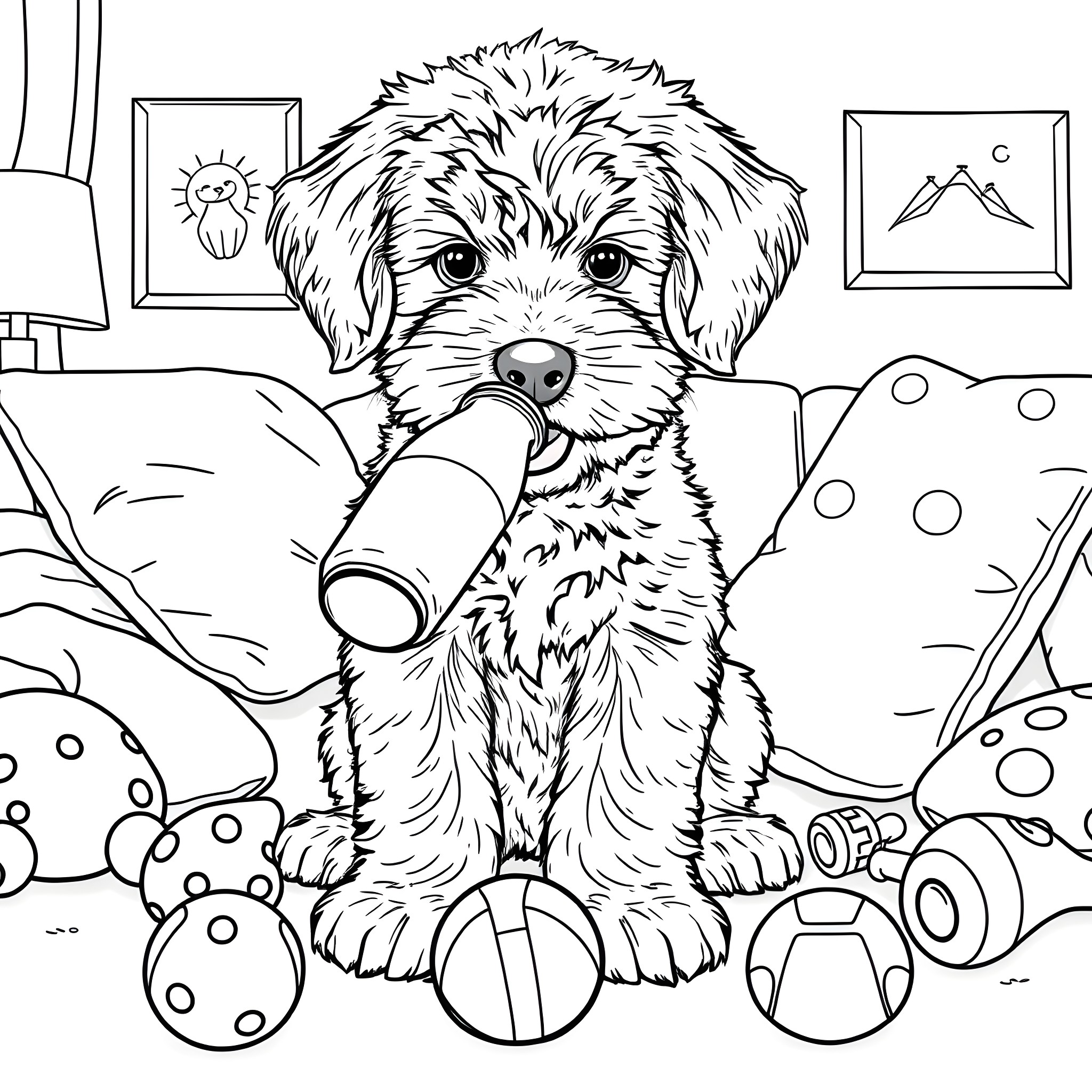 Cockapoo puppy playing with toys in the living room Coloring Page (free black-and-white line drawing printable PDF for all, from beginners to advanced learners, including children, teens, adults, and seniors)
