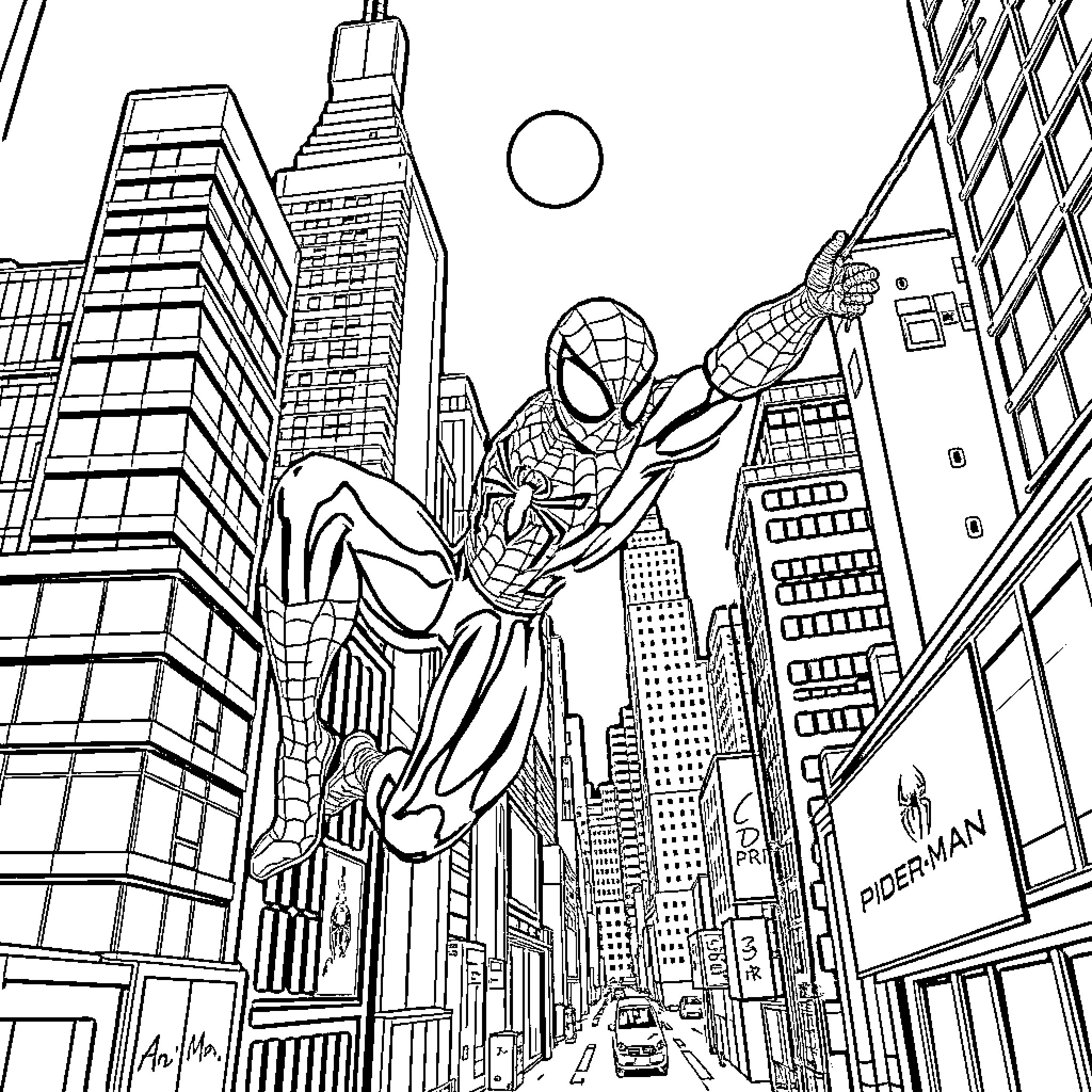 Spider-Man swinging through the city skyline Coloring Page (free black-and-white line drawing printable PDF for all, from beginners to advanced learners, including children, teens, adults, and seniors)