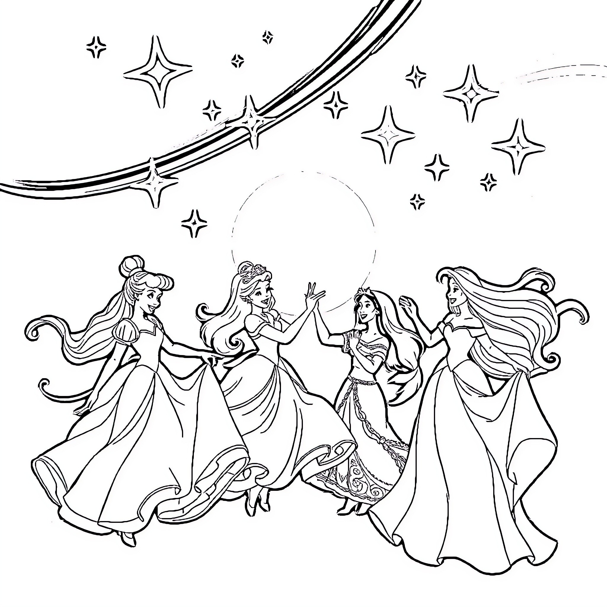 Disney Princess Enchanted Dance Under Starry Night Coloring Page (free black-and-white line drawing printable PDF for all, from beginners to advanced learners, including children, teens, adults, and seniors)