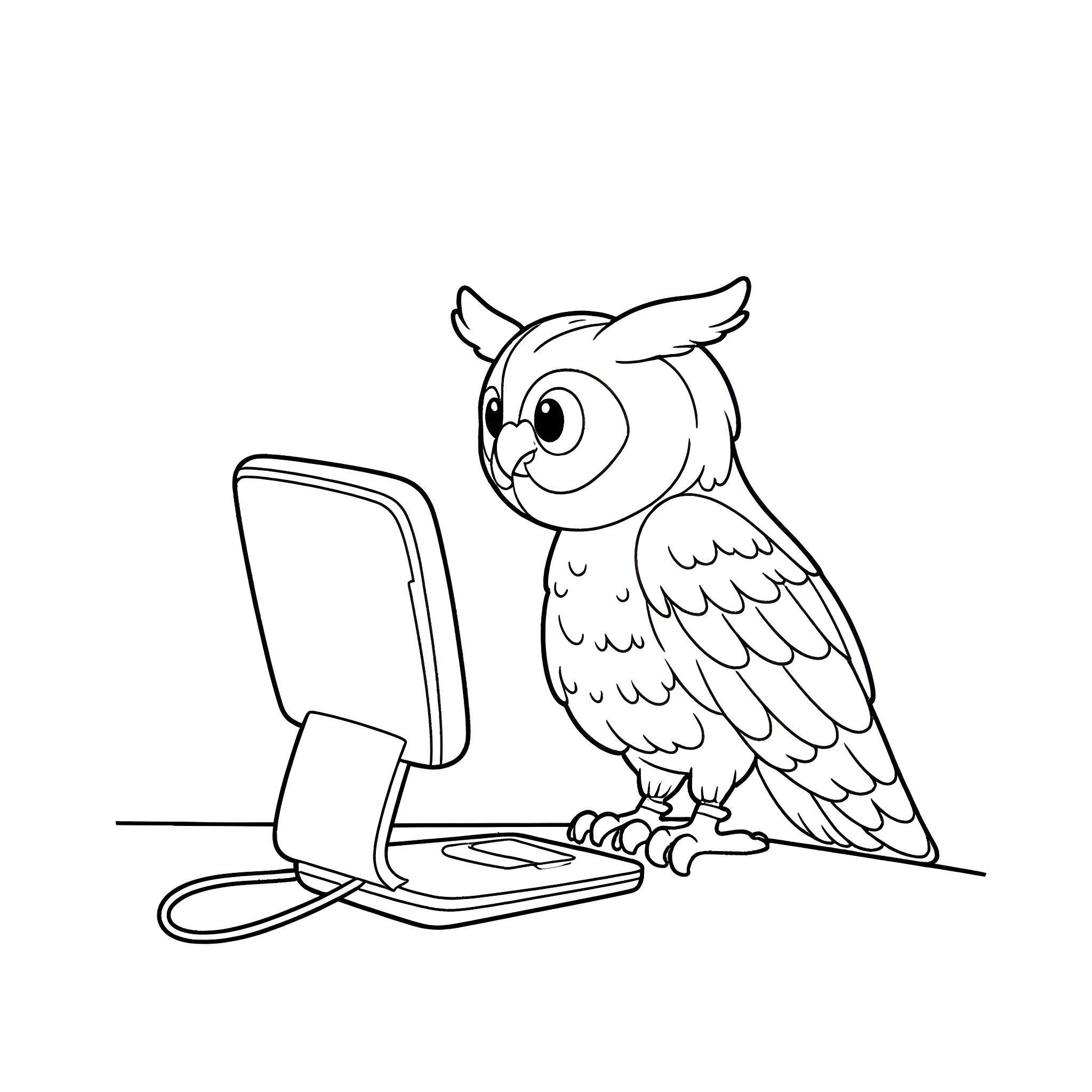 Owl using a computer device Coloring Page (free black-and-white line drawing printable PDF for all, from beginners to advanced learners, including children, teens, adults, and seniors)