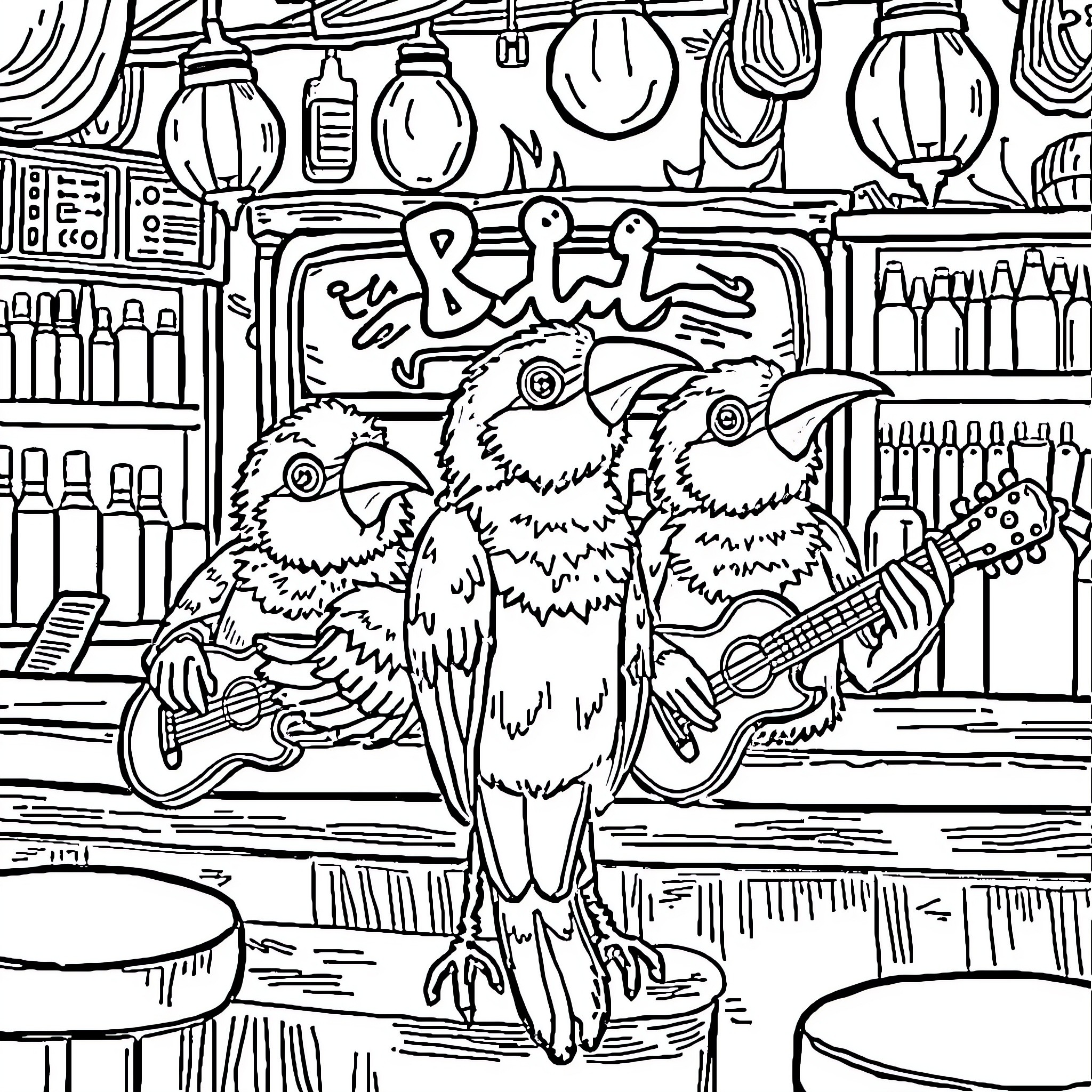 Birds performing music in a bar Coloring Page (free black-and-white line drawing printable PDF for all, from beginners to advanced learners, including children, teens, adults, and seniors)