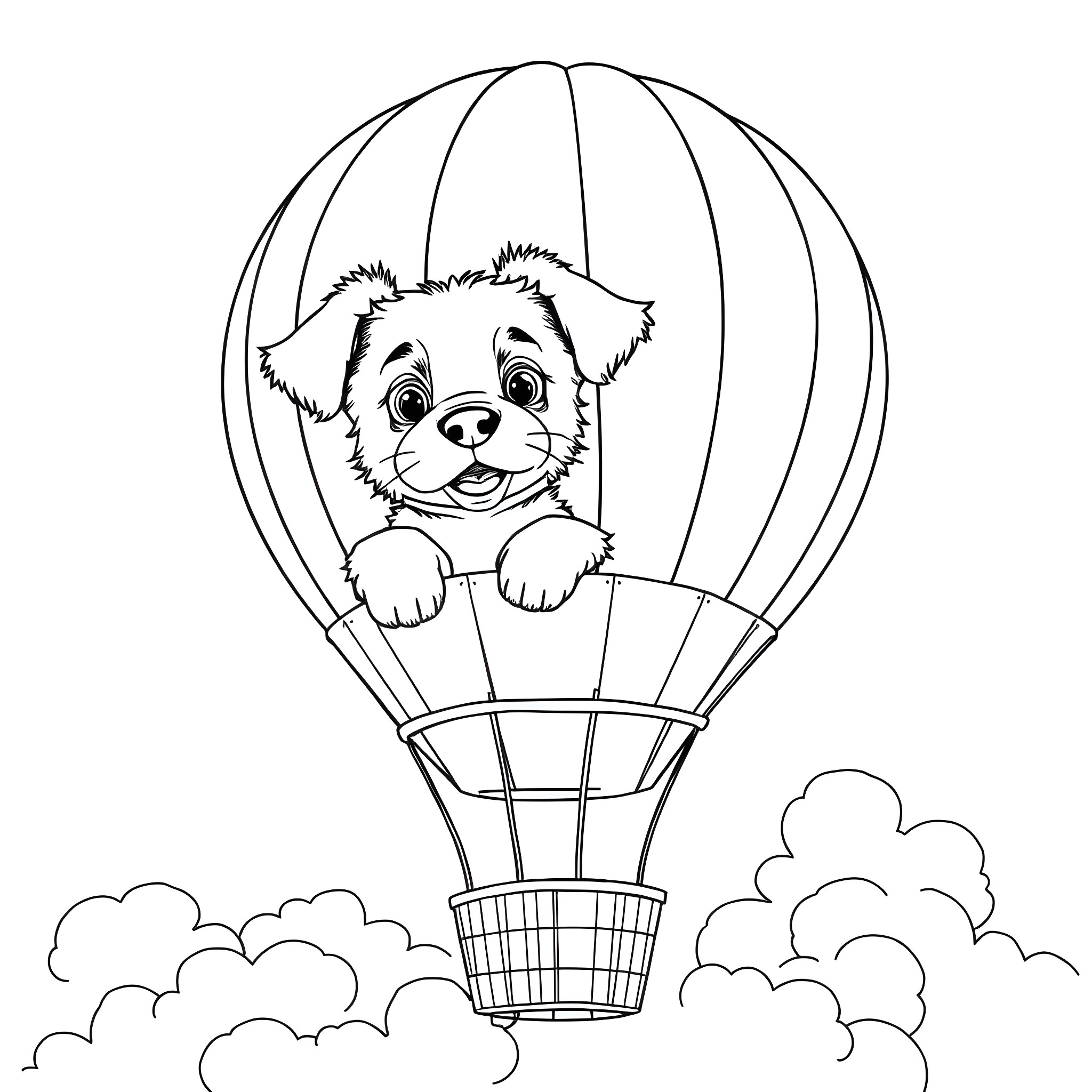Puppy riding in a hot air balloon Coloring Page (free black-and-white line drawing printable PDF for all, from beginners to advanced learners, including children, teens, adults, and seniors)