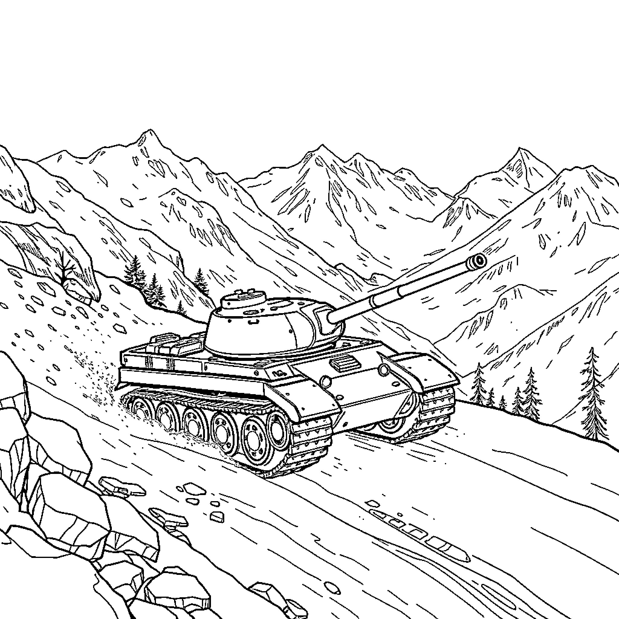 Tank navigating through snowy mountain terrain Coloring Page (free black-and-white line drawing printable PDF for all, from beginners to advanced learners, including children, teens, adults, and seniors)