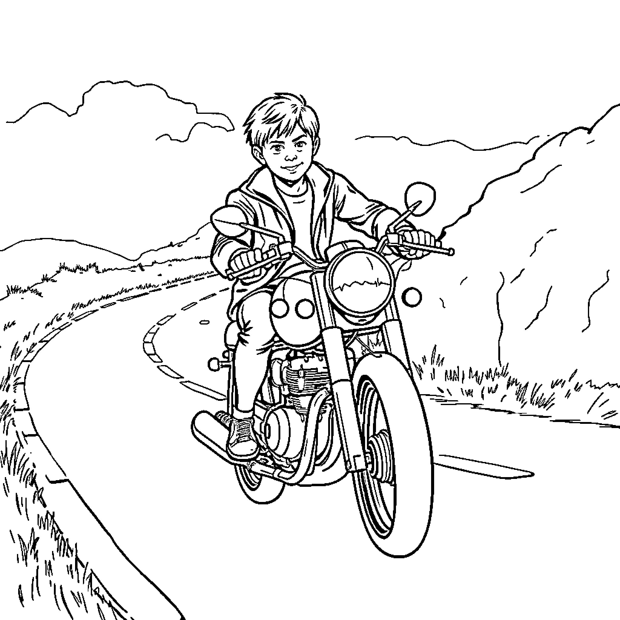 Hermione Granger riding a motorcycle on a winding road Coloring Page (free black-and-white line drawing printable PDF for all, from beginners to advanced learners, including children, teens, adults, and seniors)